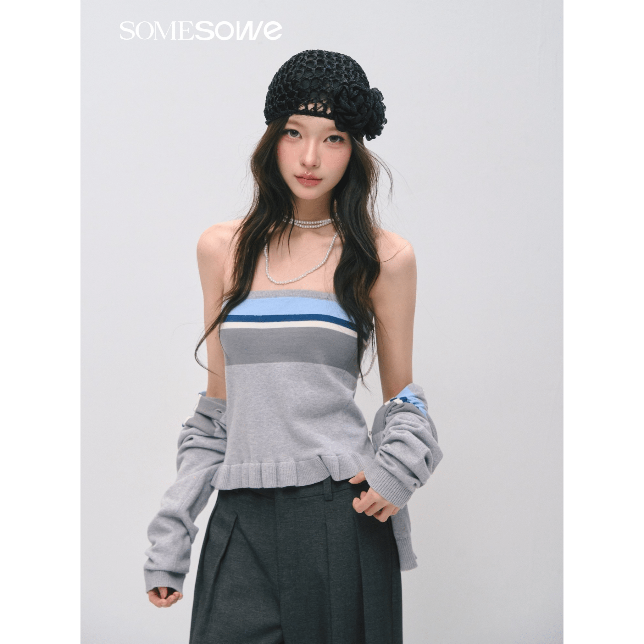 SOMESOWE Ruffled Strapless Cardigan Set in Gray | MADAX