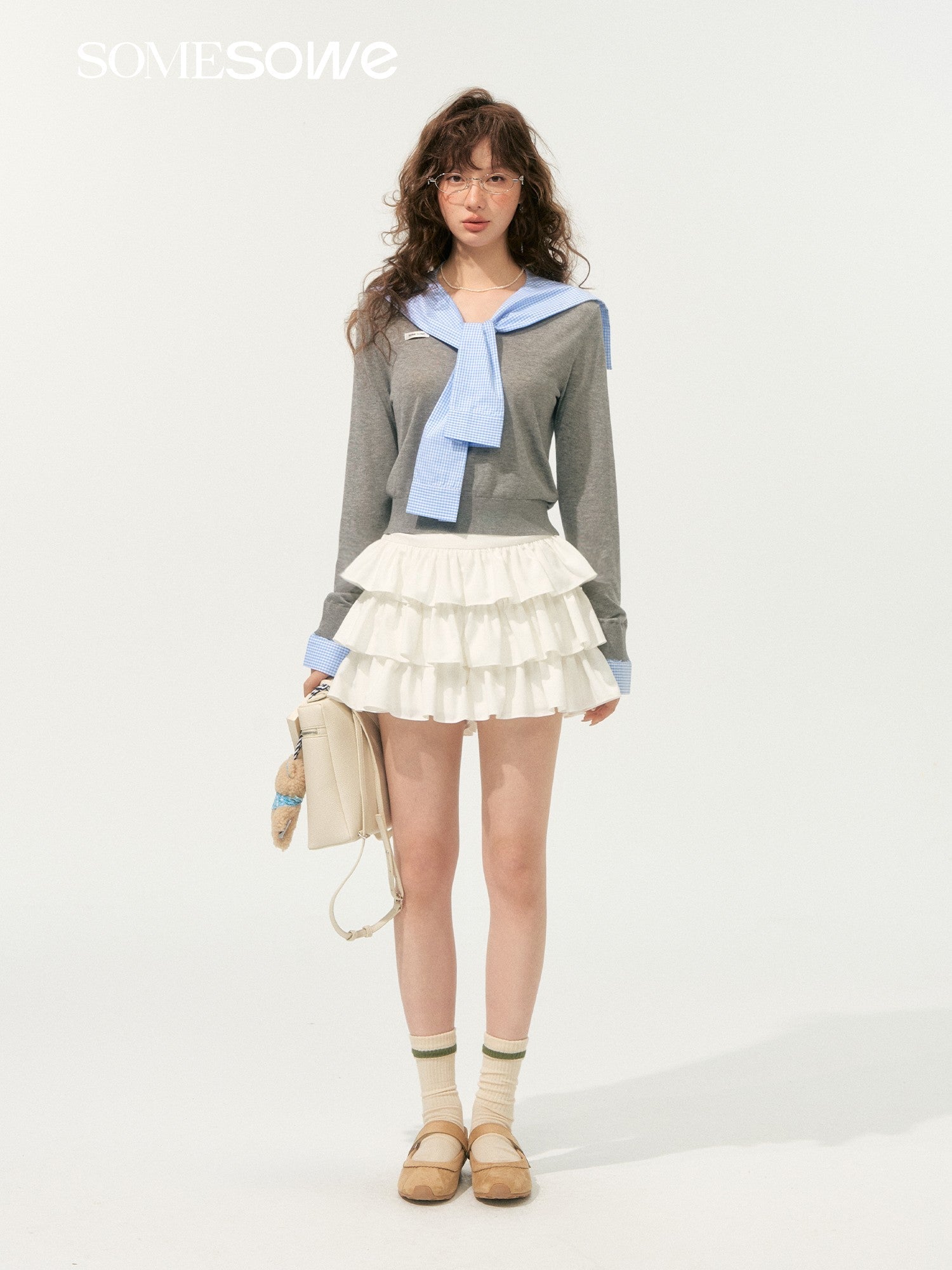 SOMESOWE Sailor Collar Patchwork Knitted Top In Gray | MADAX