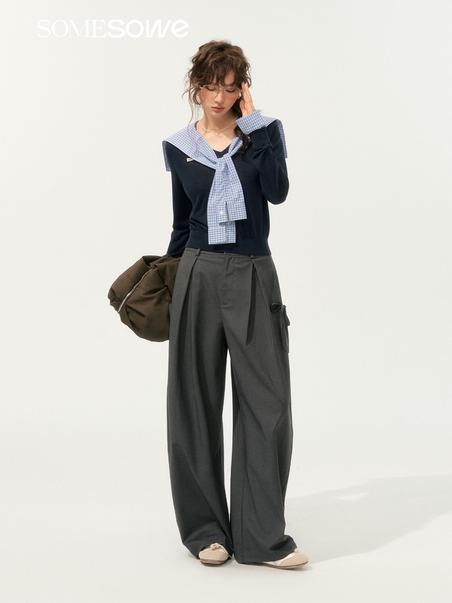 SOMESOWE Sailor Collar Patchwork Knitted Top In Navy Blue | MADAX