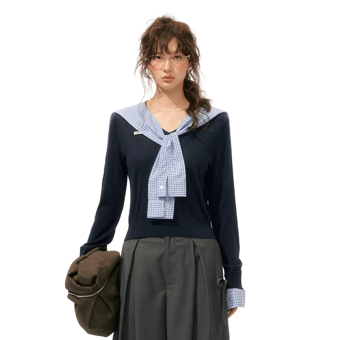 SOMESOWE Sailor Collar Patchwork Knitted Top In Navy Blue | MADAX