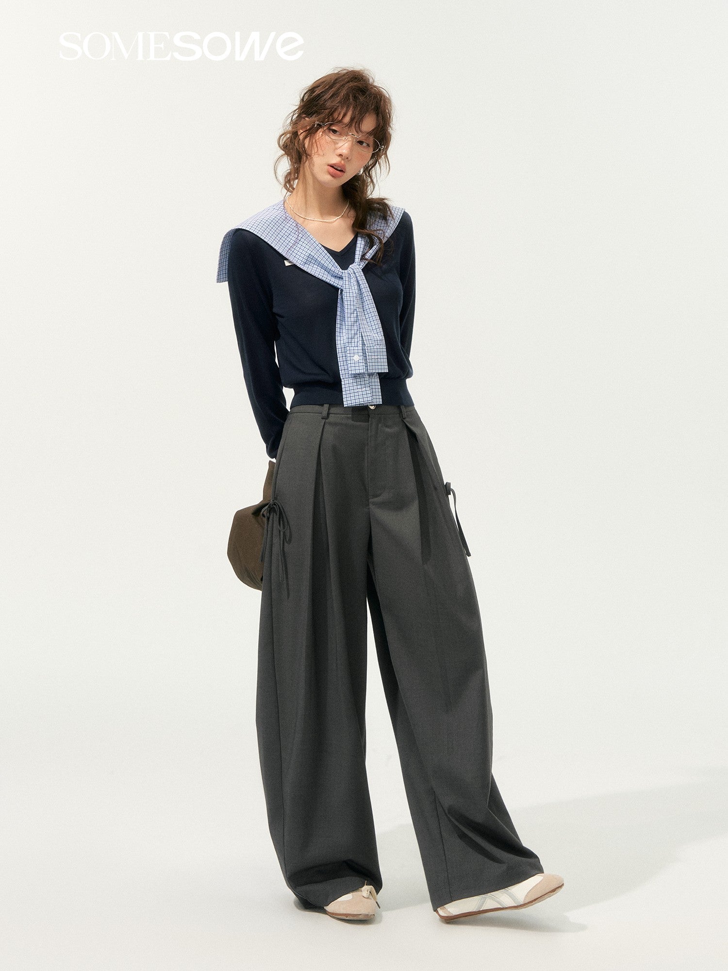 SOMESOWE Sailor Collar Patchwork Knitted Top In Navy Blue | MADAX