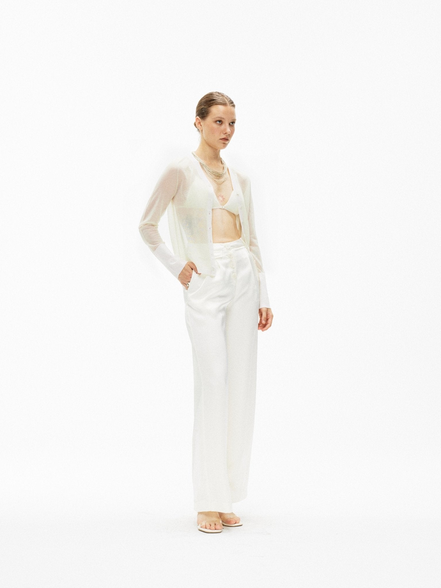 ARTE PURA Satin Buttoned Wide - leg Trousers In White | MADAX