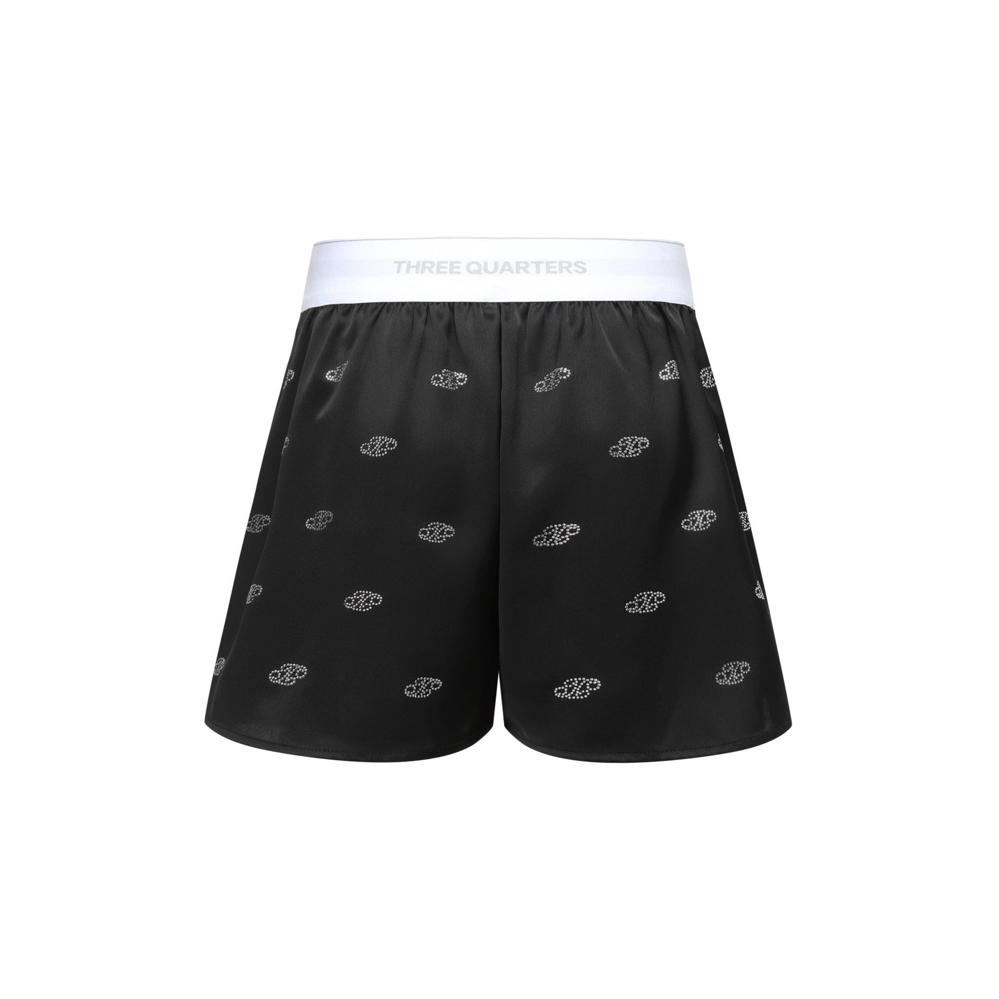 THREE QUARTERS Satin Drill Logo High Waisted Shorts Black | MADA IN CHINA