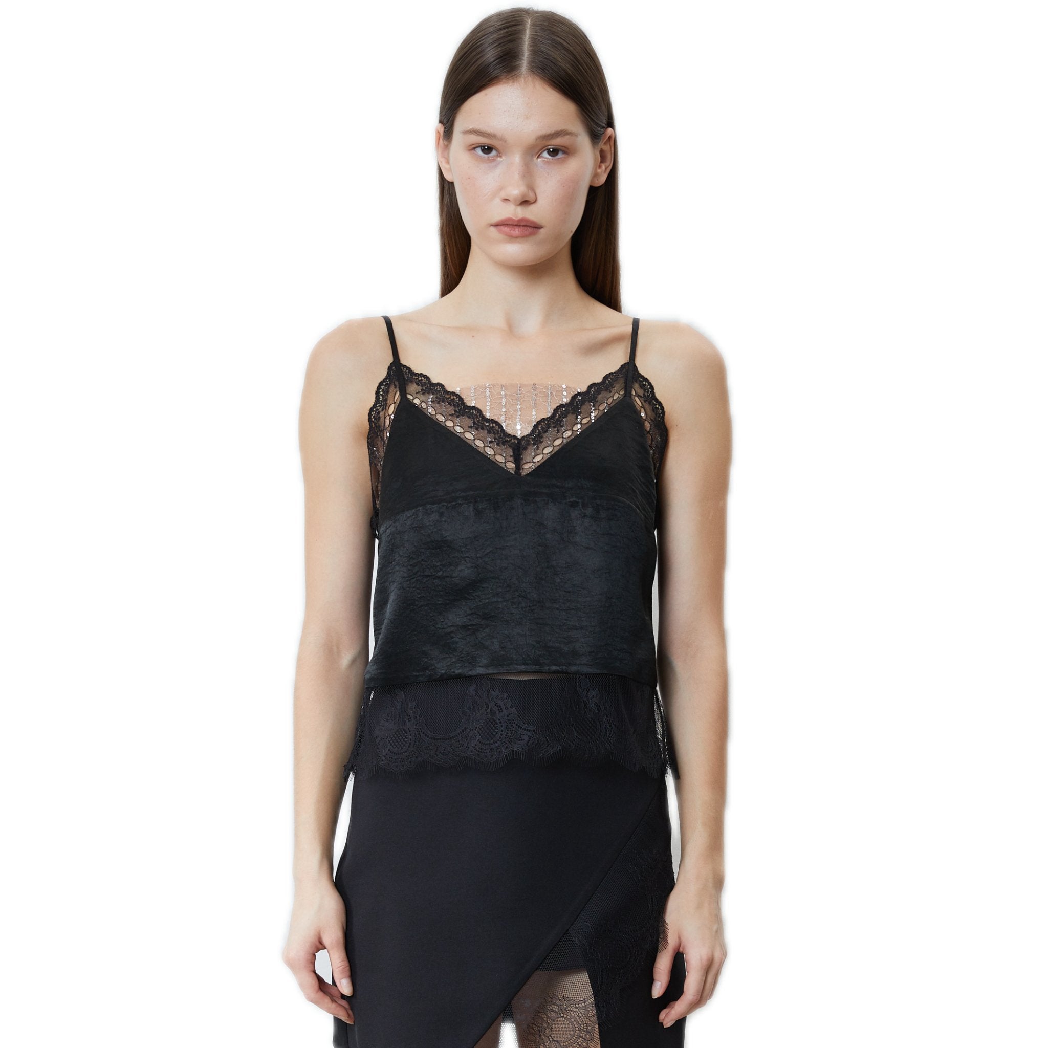 FENGYI TAN Satin Lace Paneled Top in Black | MADA IN CHINA