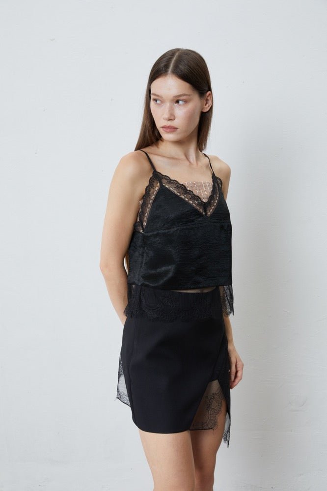 FENGYI TAN Satin Lace Paneled Top in Black | MADA IN CHINA