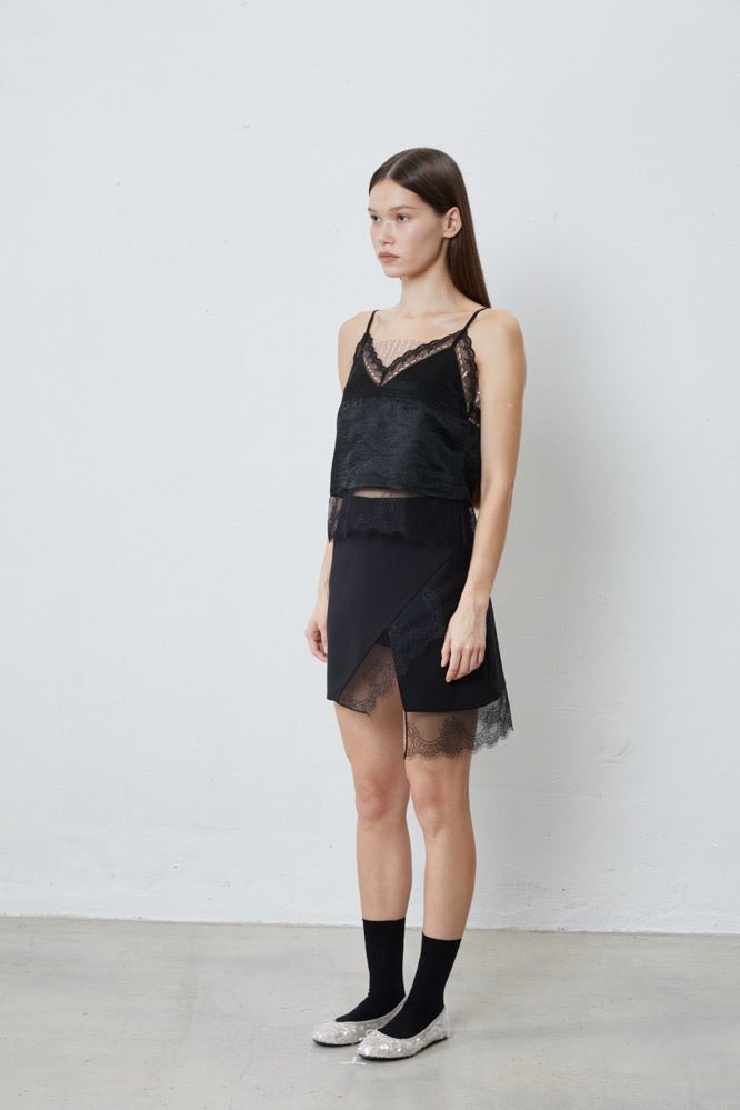 FENGYI TAN Satin Lace Paneled Top in Black | MADA IN CHINA