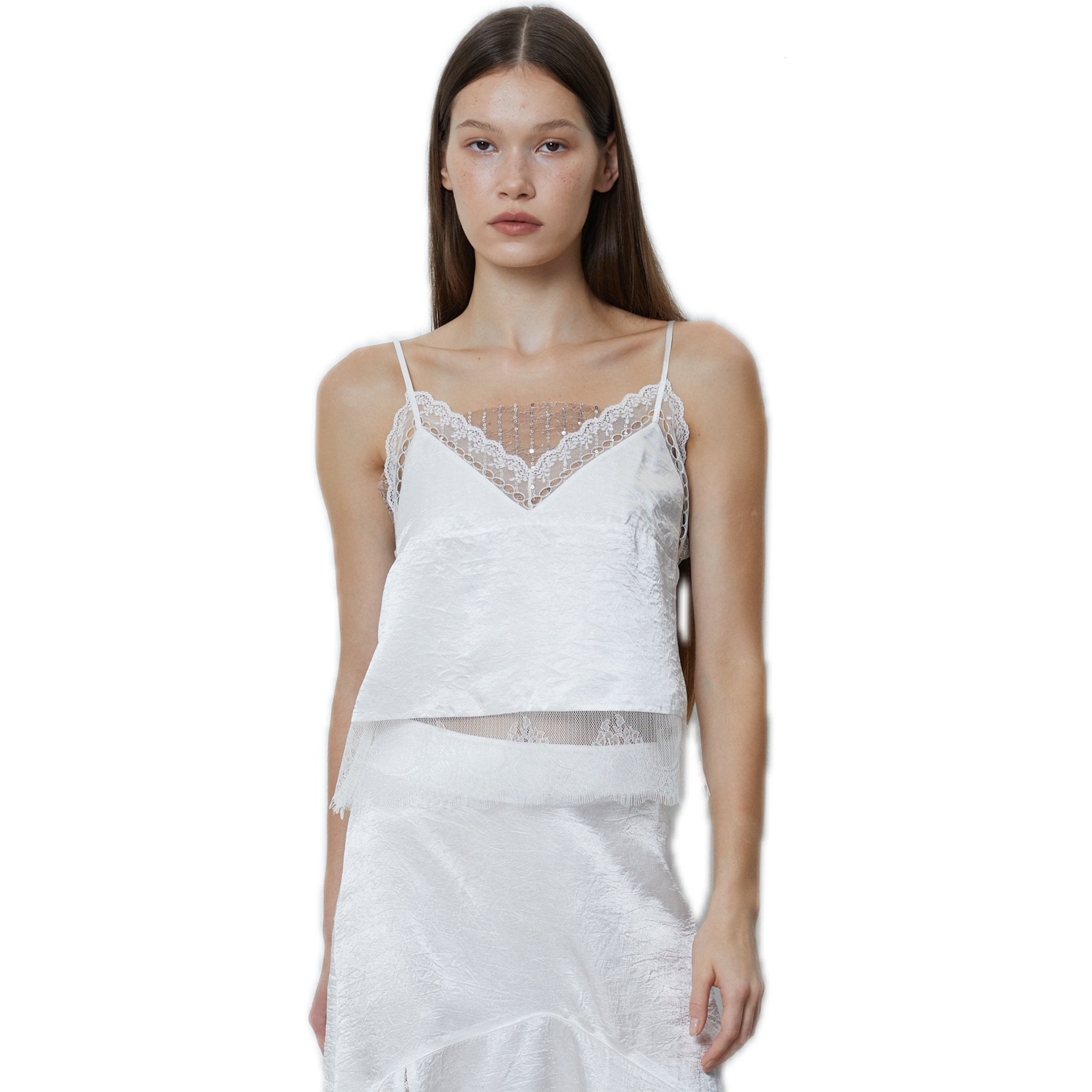 FENGYI TAN Satin Lace Paneled Top in White | MADA IN CHINA