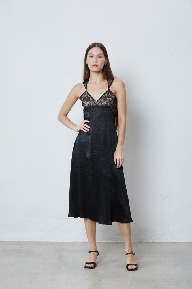 FENGYI TAN Satin Paneled Lace Tank Dress | MADA IN CHINA