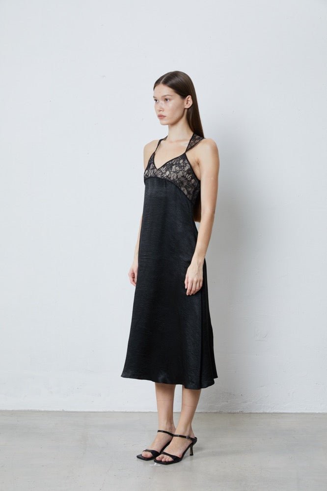 FENGYI TAN Satin Paneled Lace Tank Dress | MADA IN CHINA