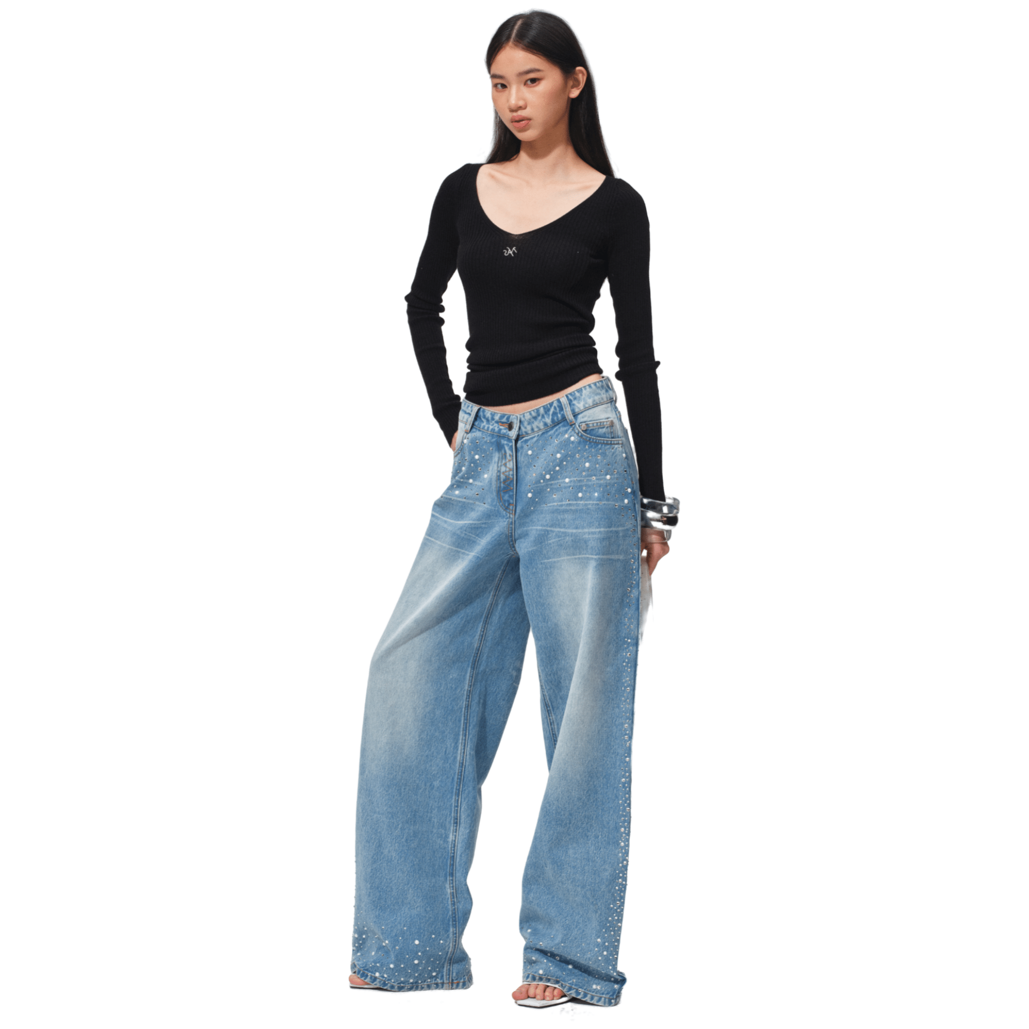 NAWS Sequin Wide - Leg Jeans in Blue | MADAX