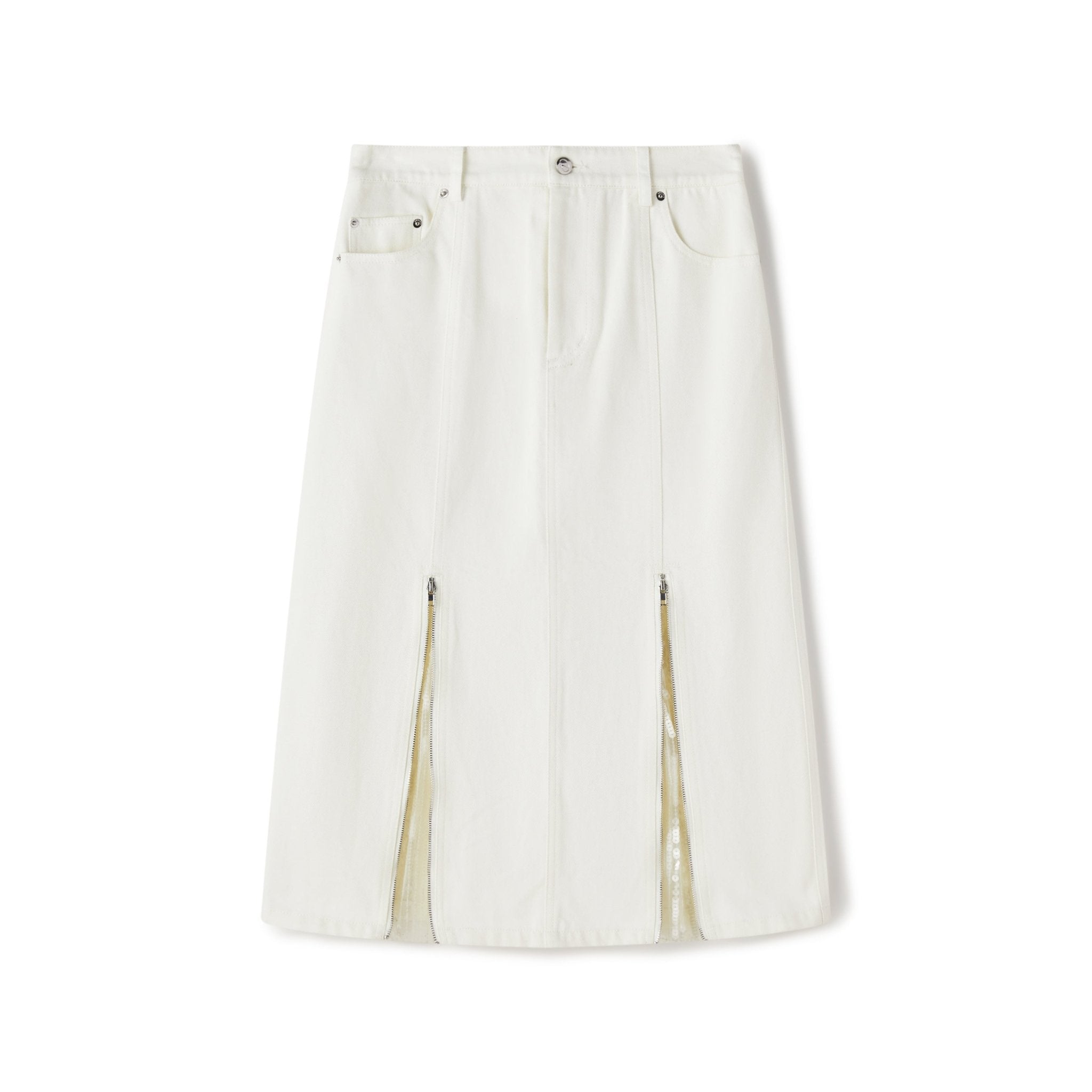 LOST IN ECHO Sequined Denim Fishtail Skirt in White | MADA IN CHINA