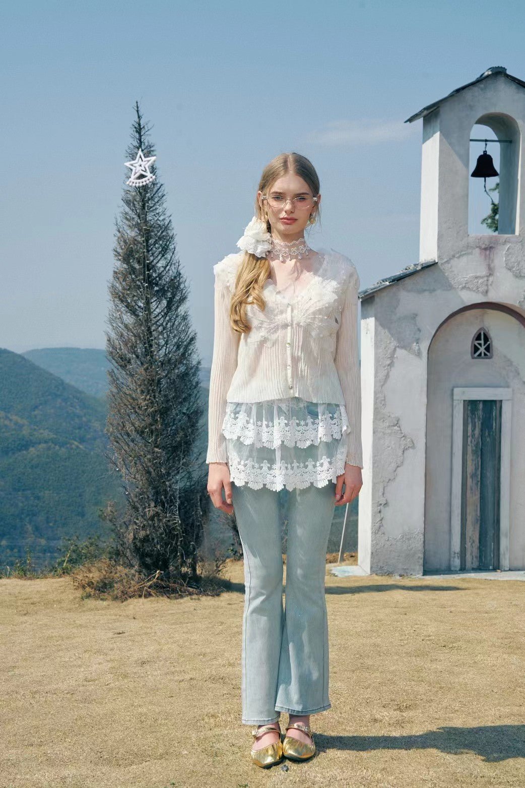 AIMME SPARROW Sequined Petals V - Neck Knit Top In White | MADAX