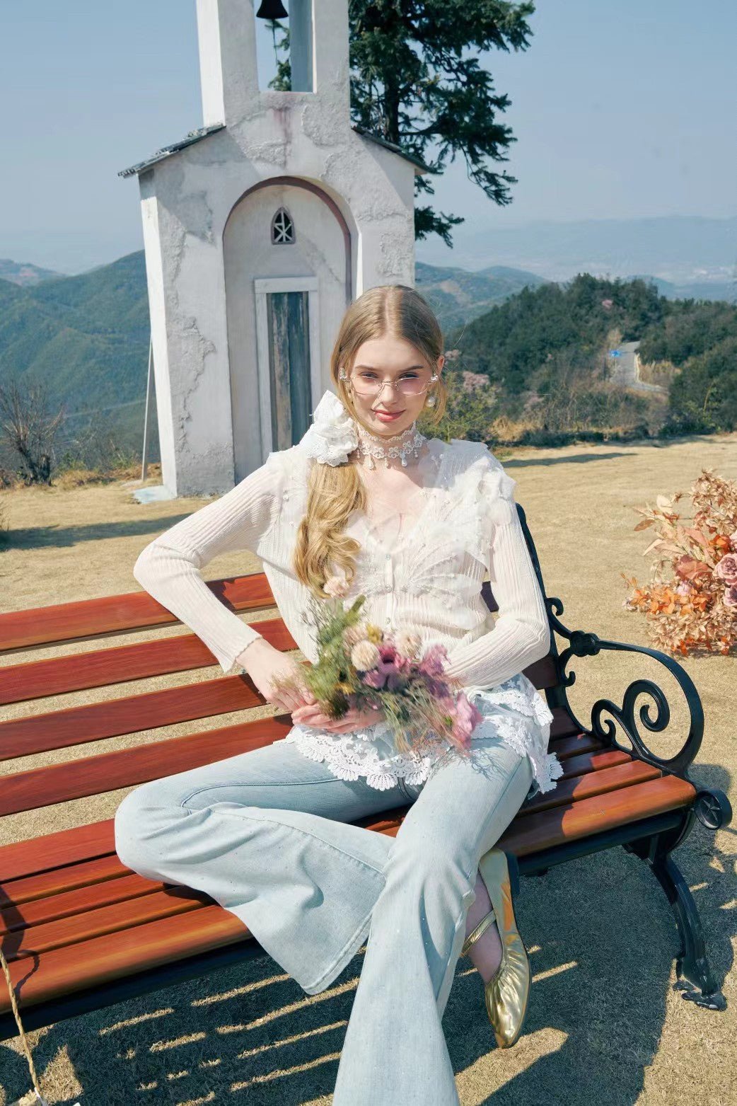 AIMME SPARROW Sequined Petals V - Neck Knit Top In White | MADAX