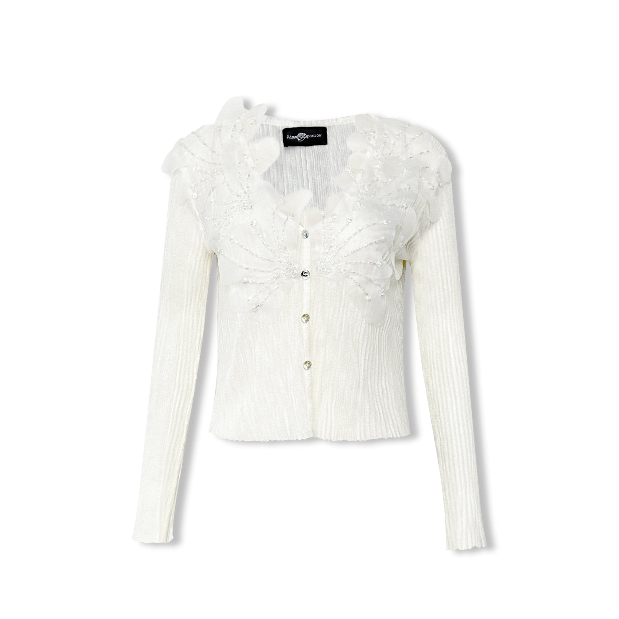 AIMME SPARROW Sequined Petals V - Neck Knit Top In White | MADAX