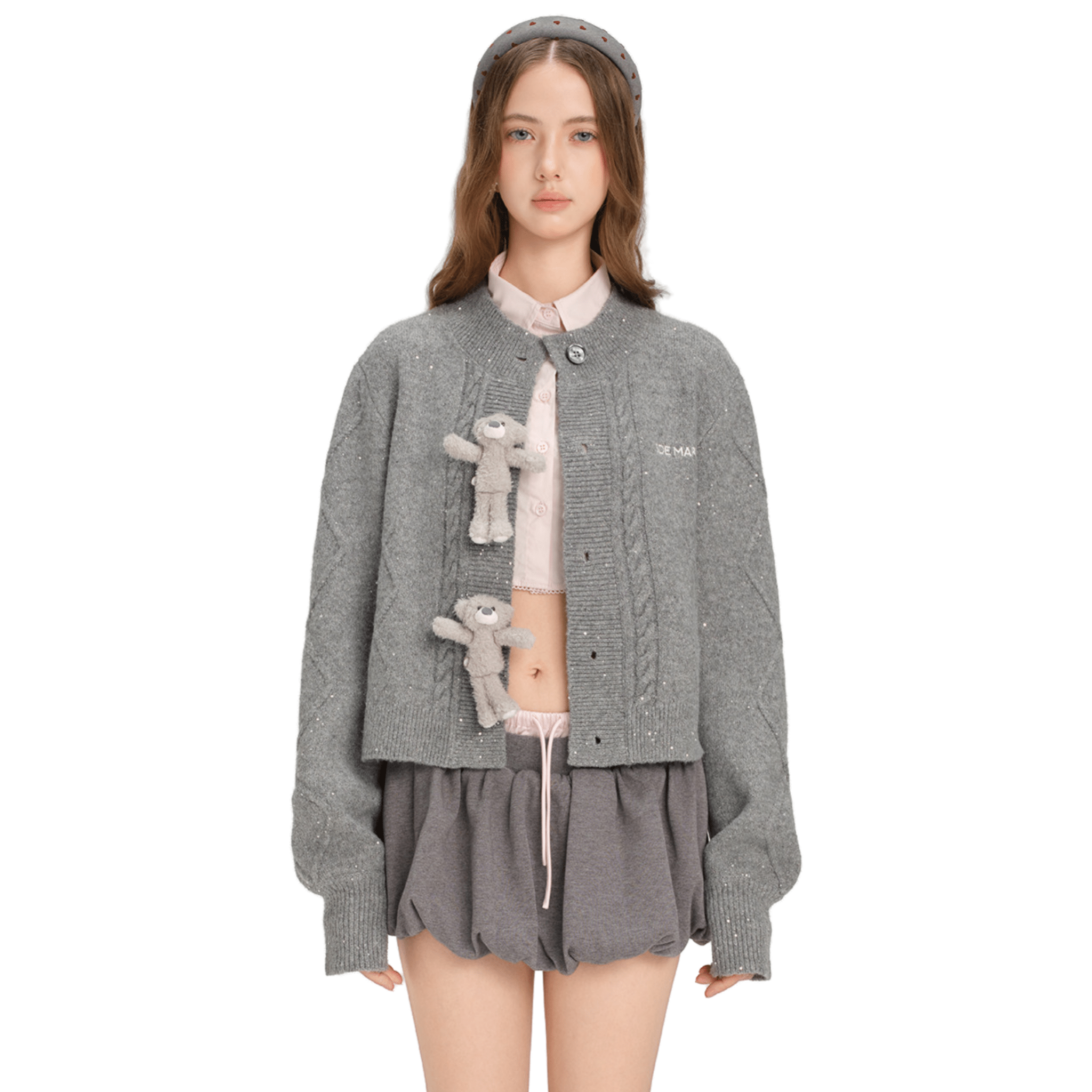 13DE MARZO Sequined Short Knit Cardigan in Gray | MADAX
