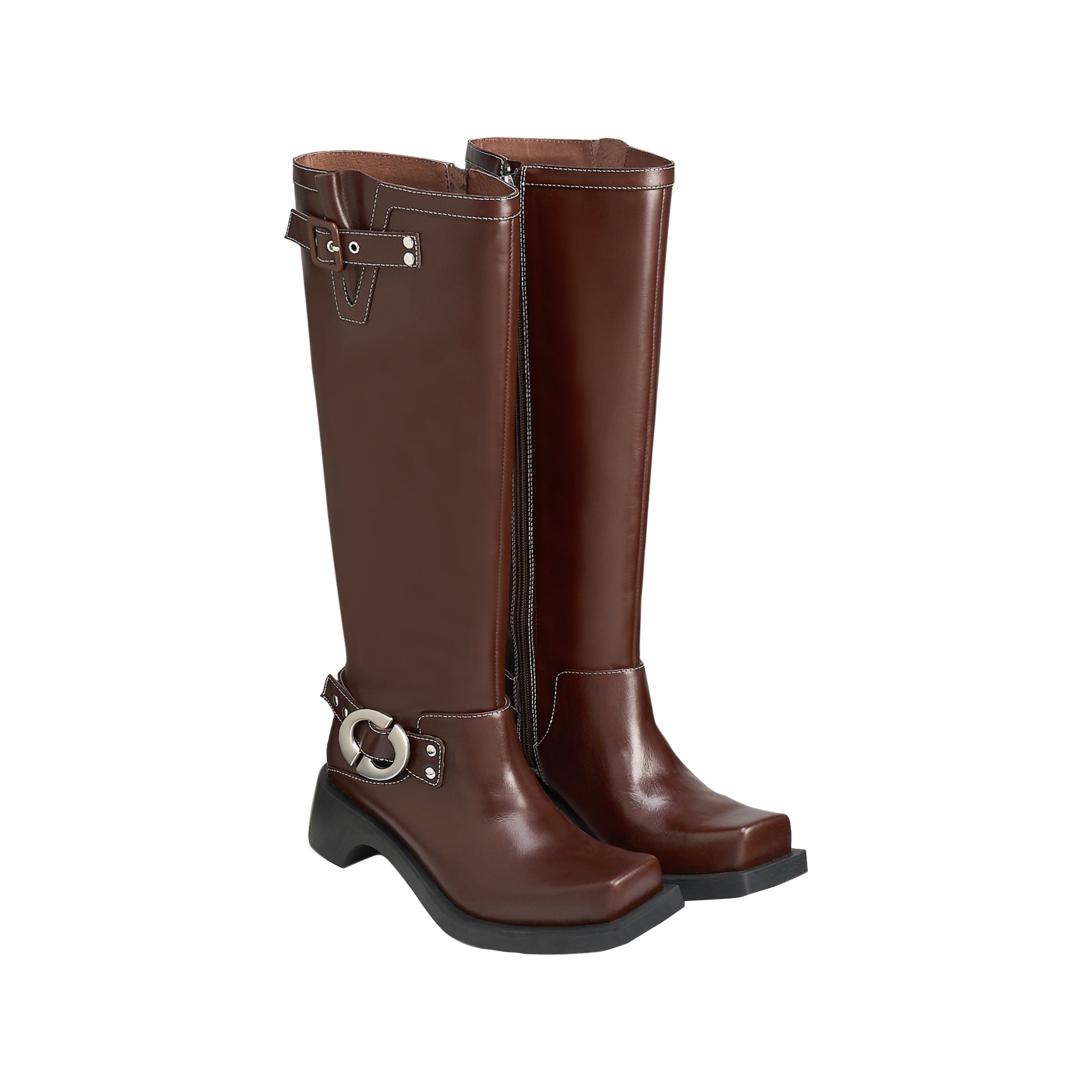 LOST IN ECHO Shaped Square Straight Leg Motorcycle Boots In Brown | MADAX