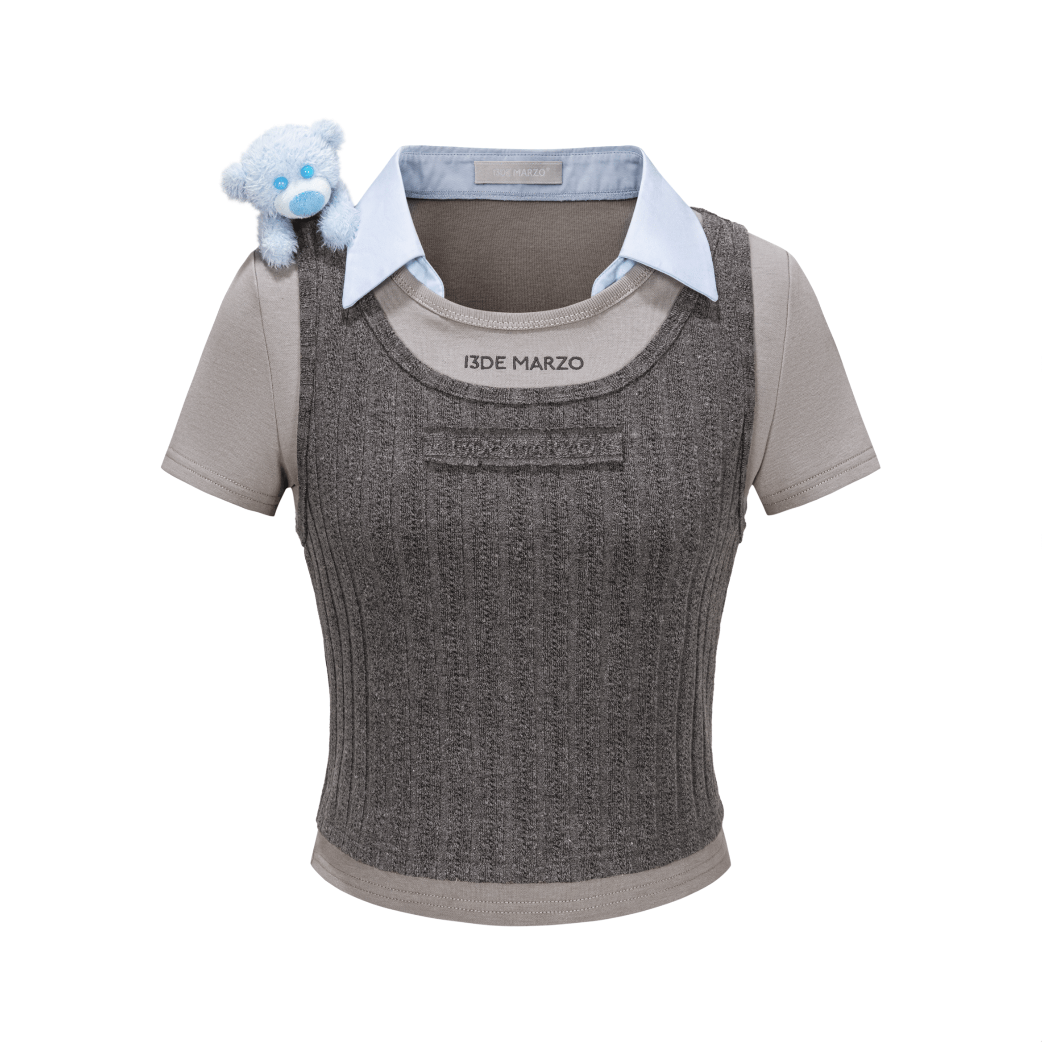 13DE MARZO Short Knit Layered Short Sleeves in Grey | MADAX