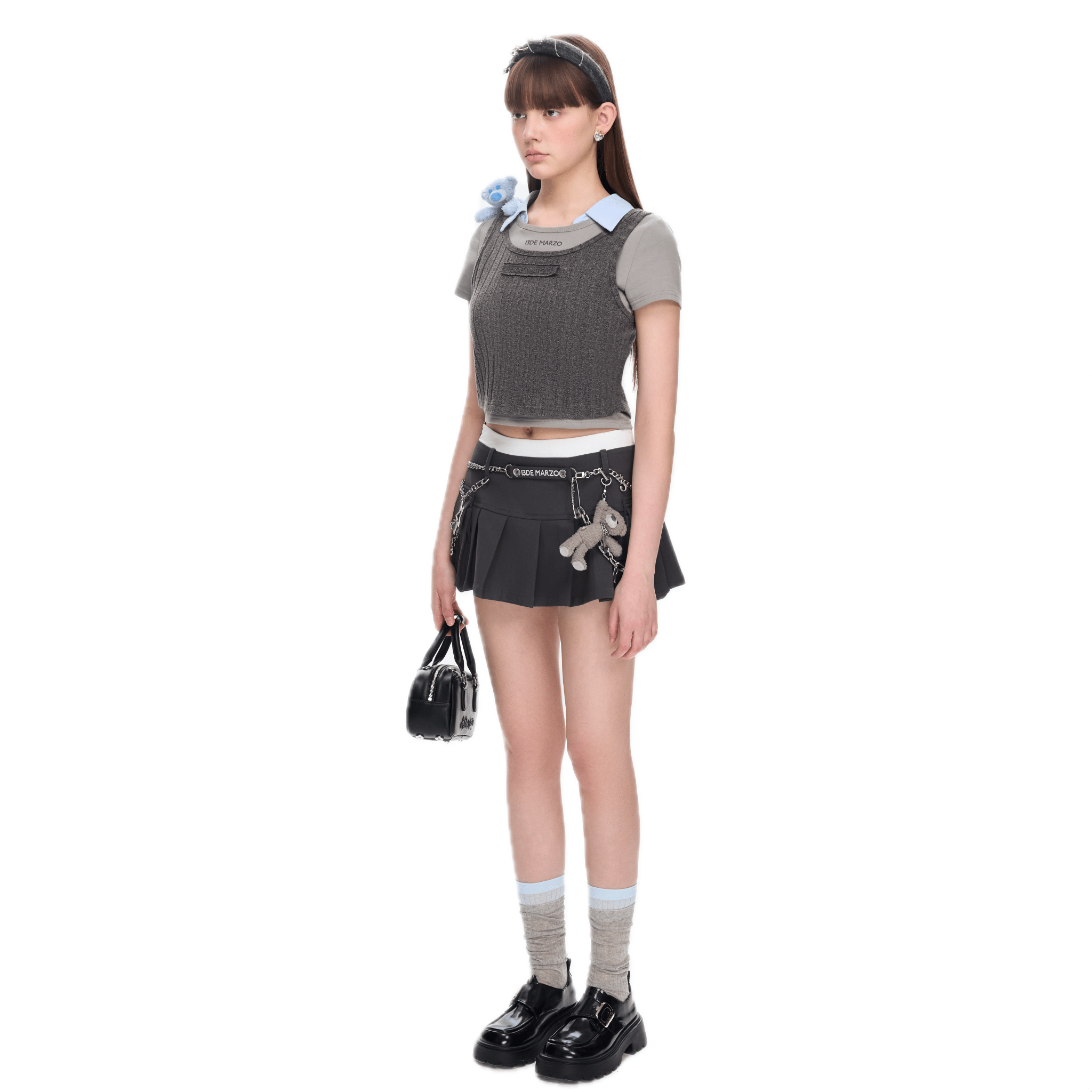 13DE MARZO Short Knit Layered Short Sleeves in Grey | MADAX