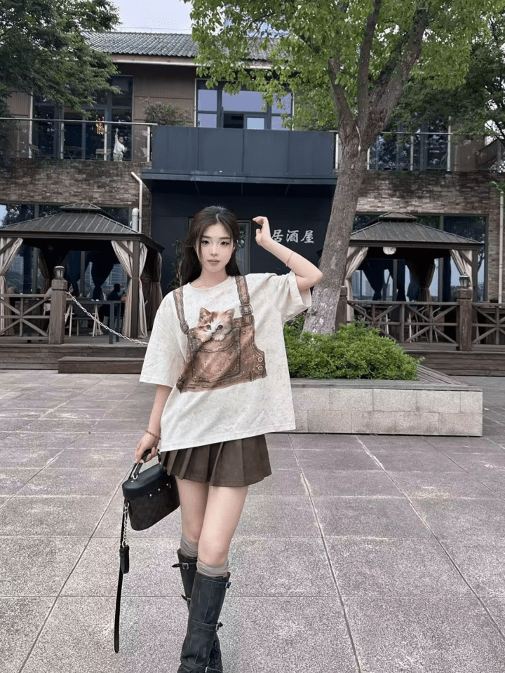 NOT FOR US Short - sleeved Shirt with Cat and Diamond Print in Khaki | MADAX