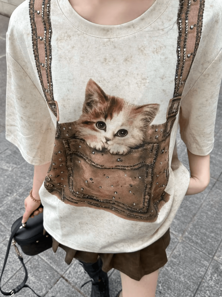 NOT FOR US Short - sleeved Shirt with Cat and Diamond Print in Khaki | MADAX