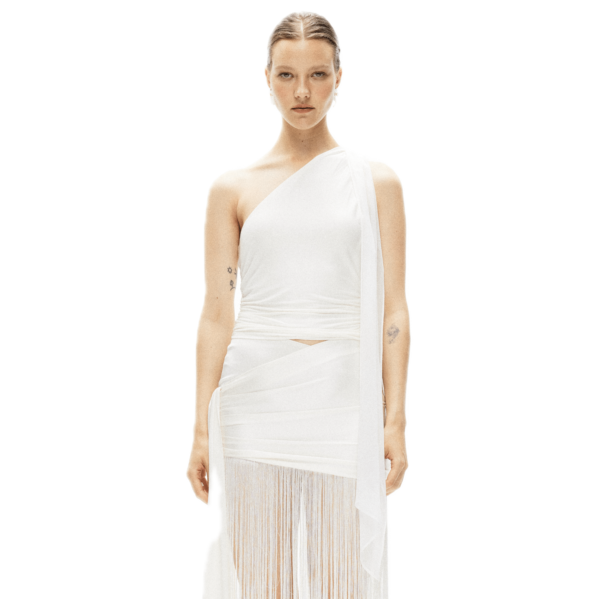 ARTE PURA Silk Ribbon Elastic One Shoulder Top In White | MADAX