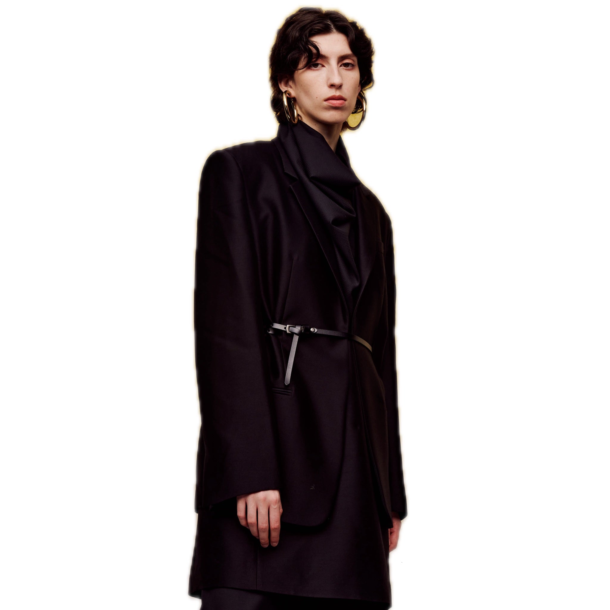 ilEWUOY Silk Wool Long-sleeved Black Suit with Belt | MADA IN CHINA