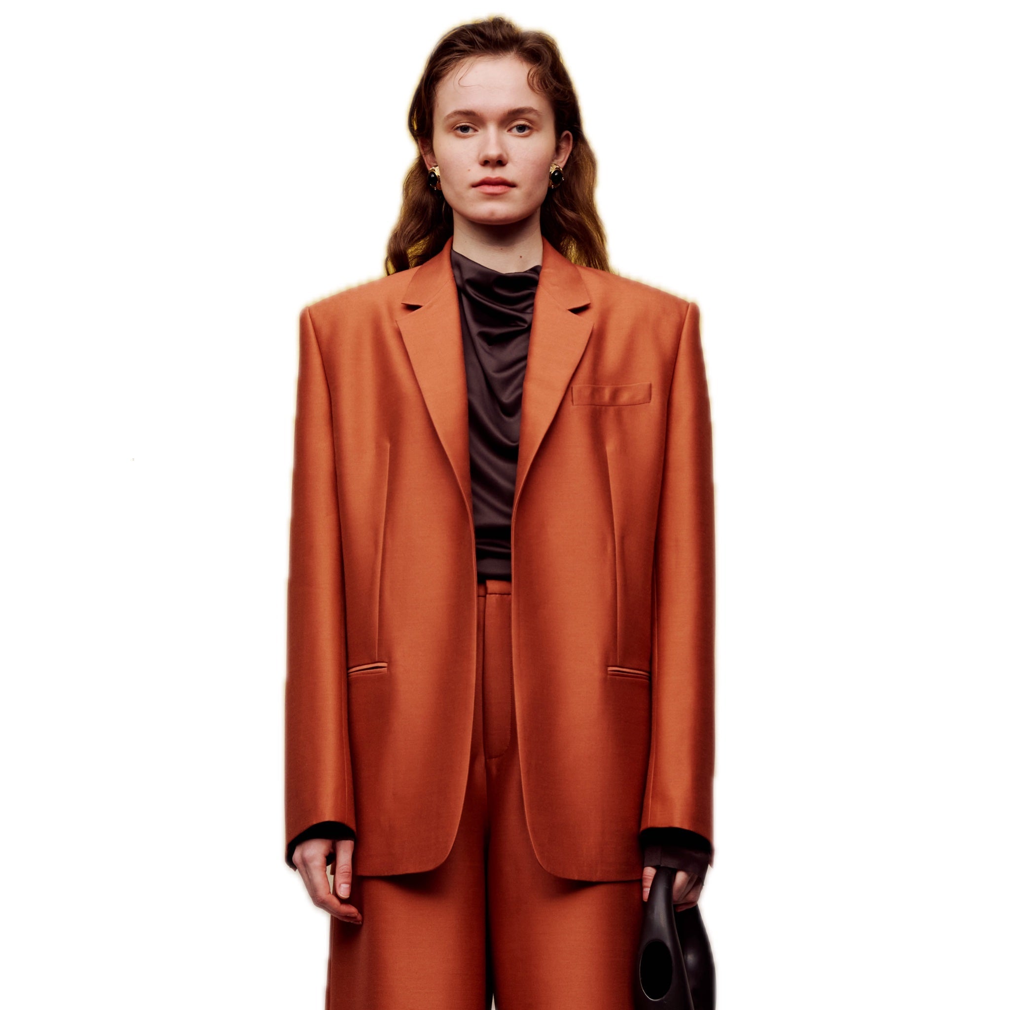 ilEWUOY Silk Wool Long-sleeved Orange Suit with Belt | MADA IN CHINA