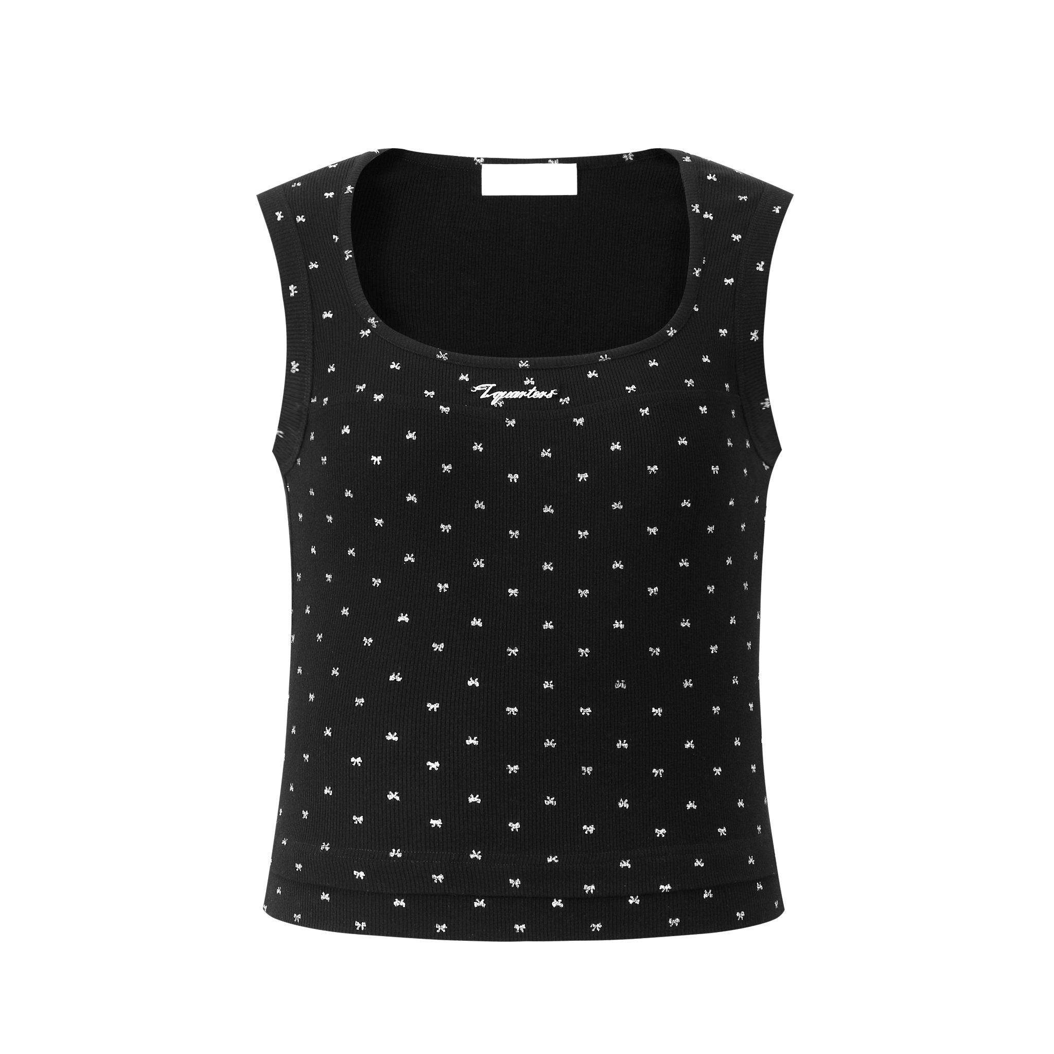 THREE QUARTERS Silver Bow Logo Knit Tank Top Black | MADA IN CHINA