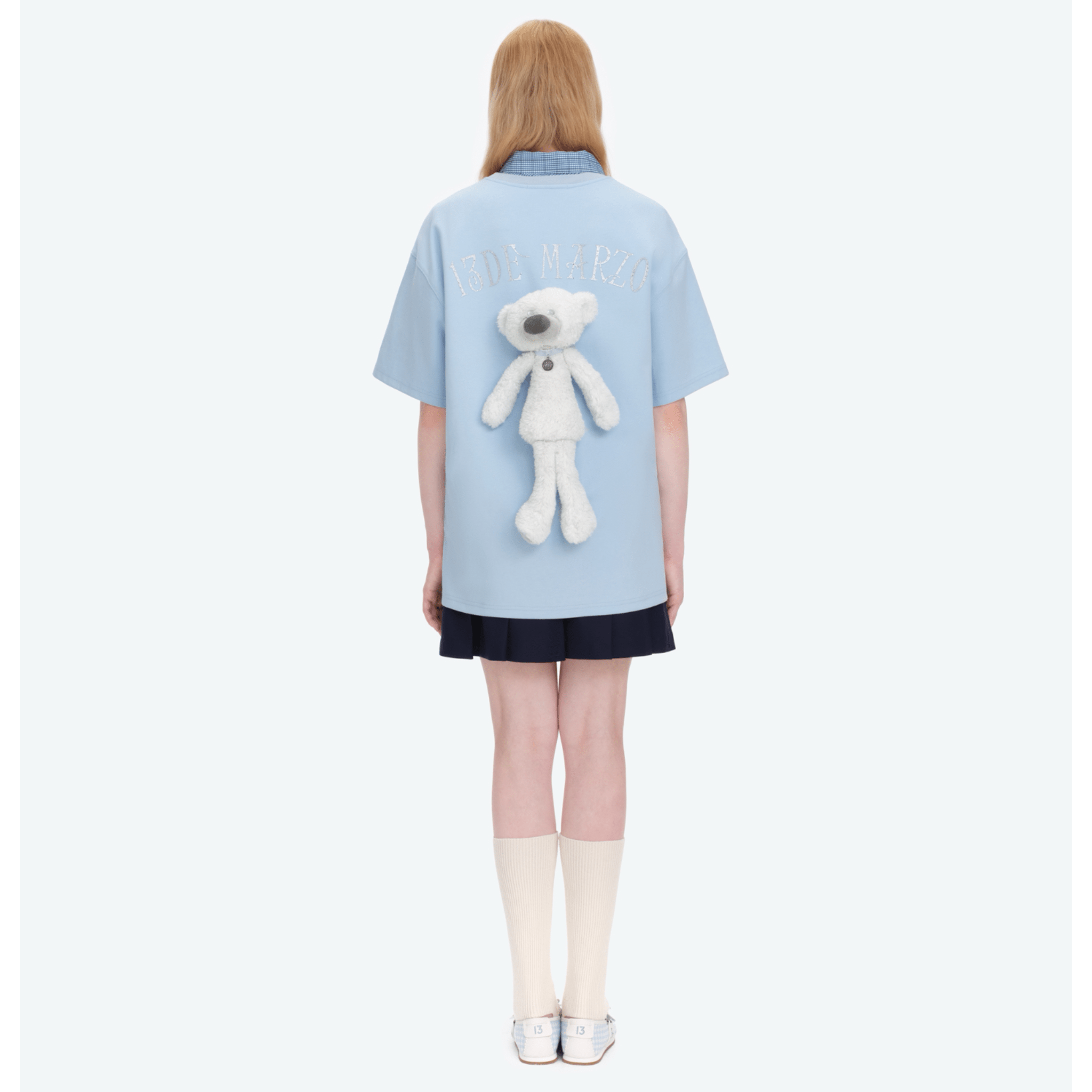 13DE MARZO Silver Imitation Diamond Print Bear T-Shirt in Blue | MADAX