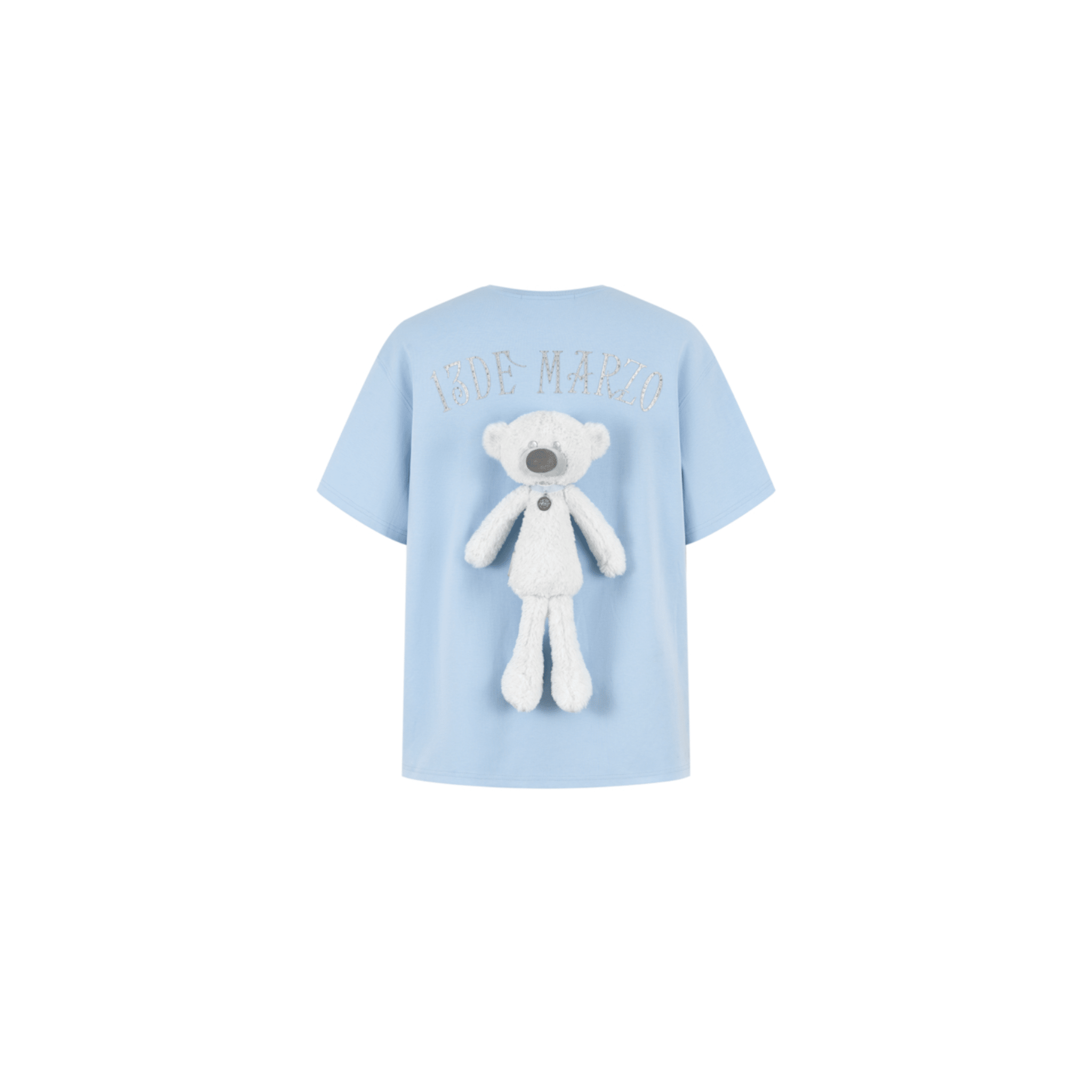 13DE MARZO Silver Imitation Diamond Print Bear T-Shirt in Blue | MADAX