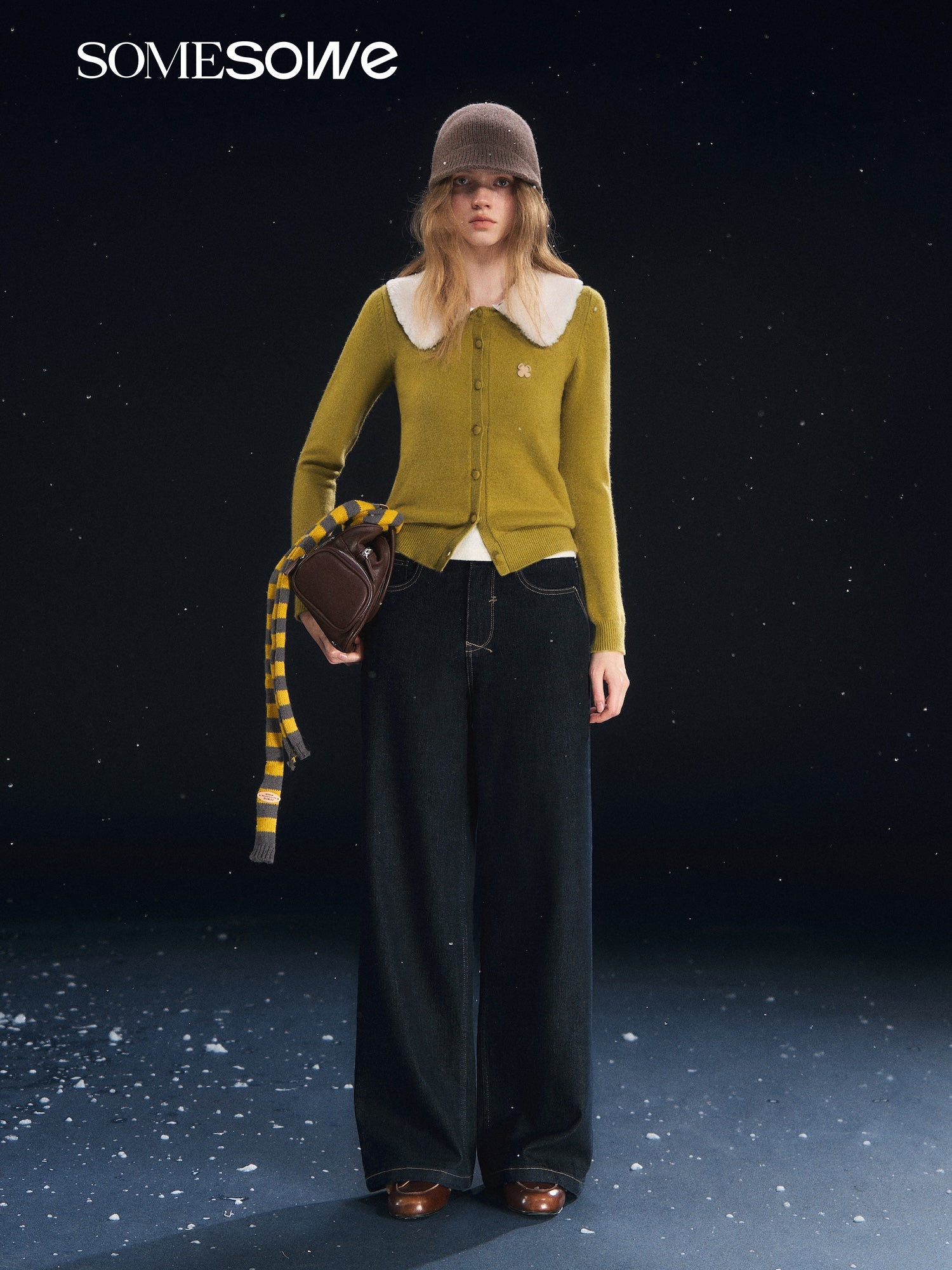 SOMESOWE Skin - friendly Fleece Cardigan with Detachable Fur Collar In Yellow - Green | MADAX