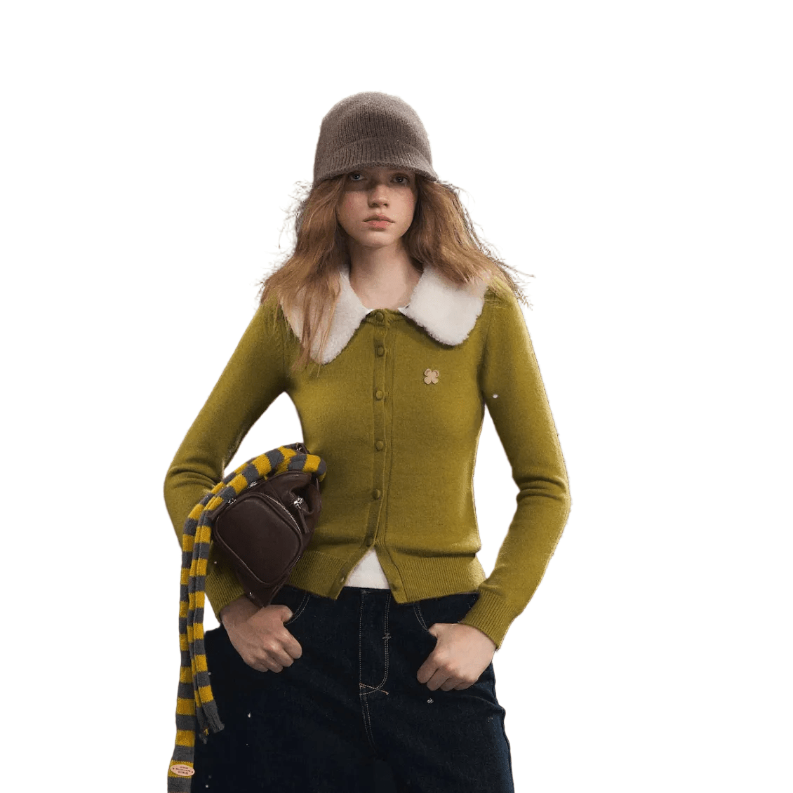 SOMESOWE Skin - friendly Fleece Cardigan with Detachable Fur Collar In Yellow - Green | MADAX