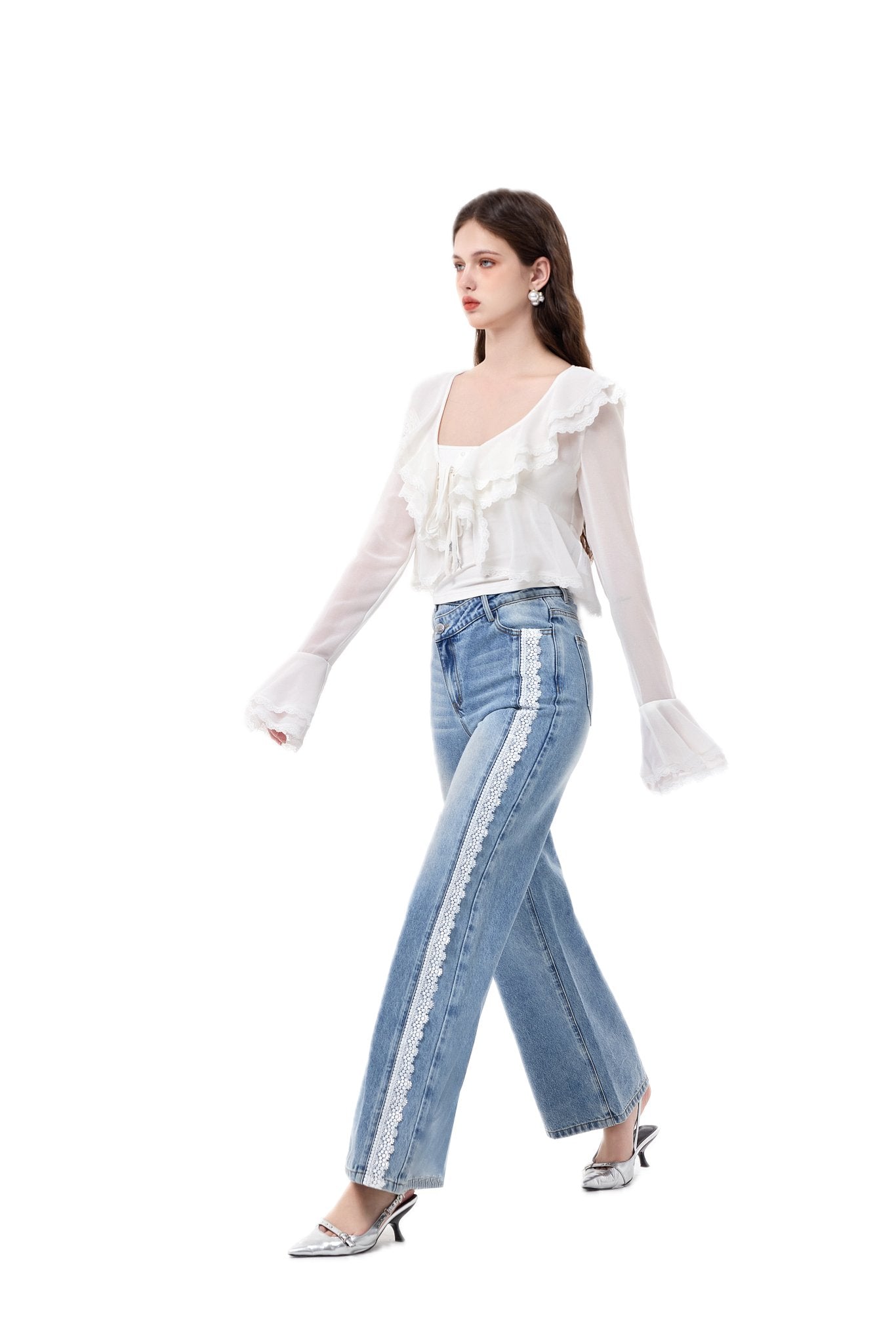 THREE QUARTERS Slant Lapel Patchwork Lace Jeans | MADA IN CHINA