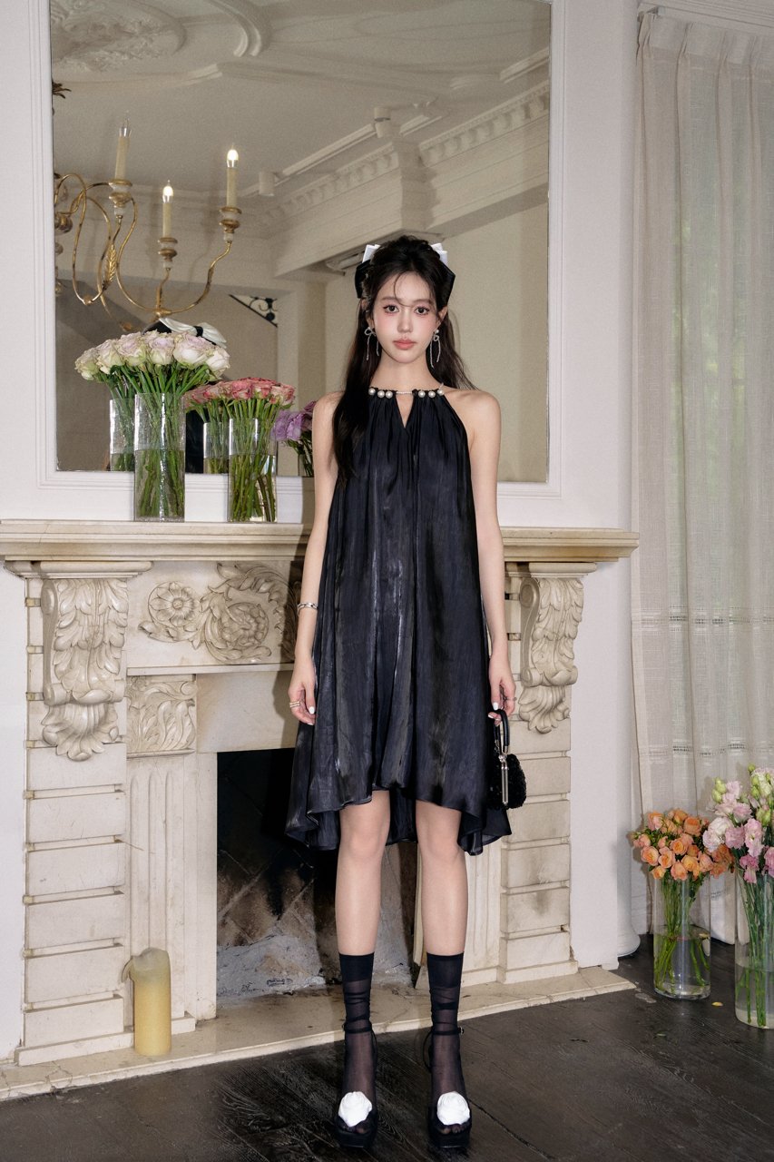 THREE QUARTERS Sleeveless Dress with Streaming Pearls Hanging Neck in Black | MADA IN CHINA