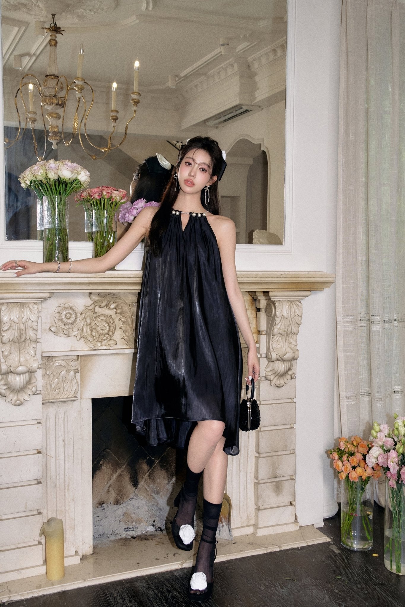 THREE QUARTERS Sleeveless Dress with Streaming Pearls Hanging Neck in Black | MADA IN CHINA