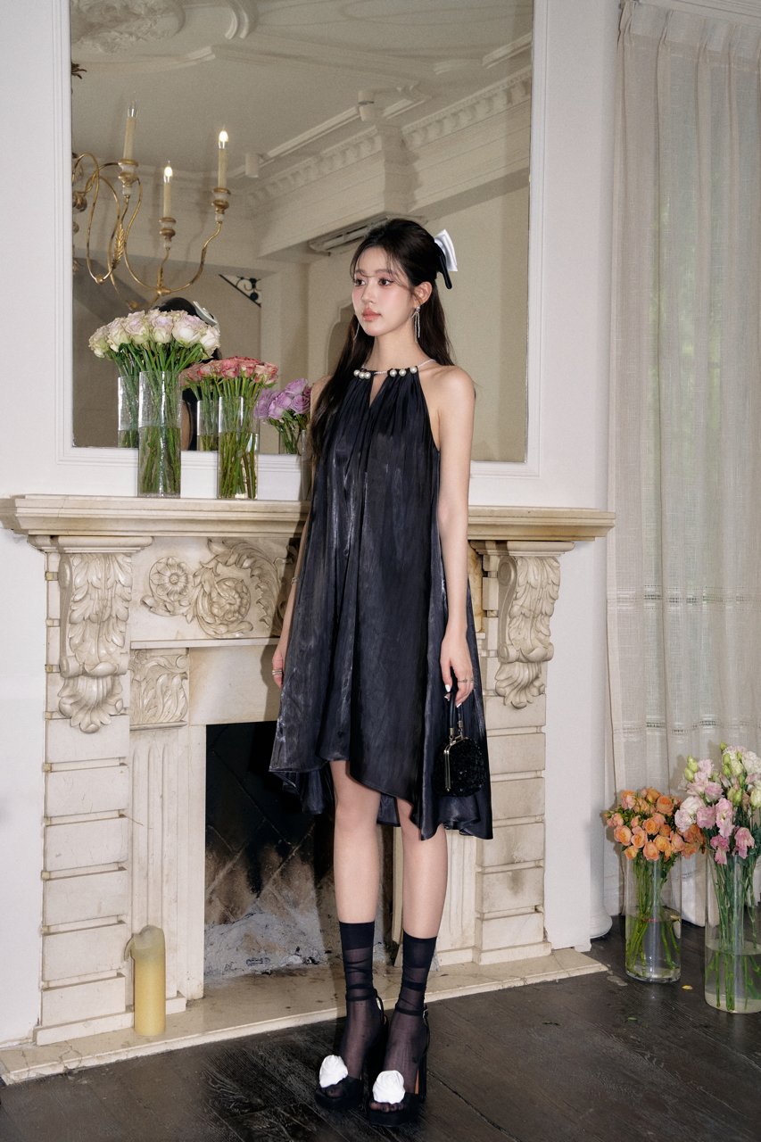 THREE QUARTERS Sleeveless Dress with Streaming Pearls Hanging Neck in Black | MADA IN CHINA