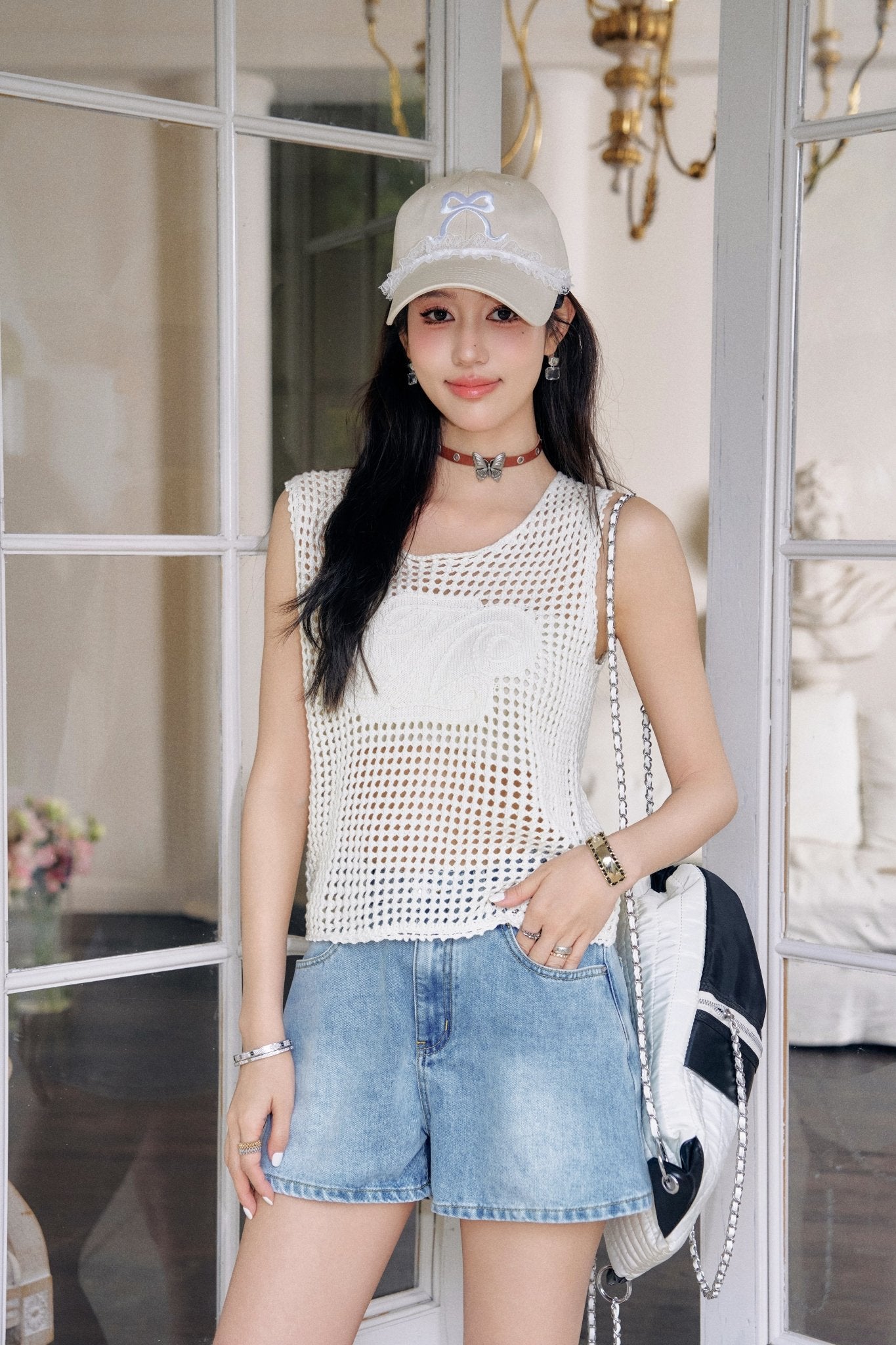 THREE QUARTERS Sleeveless Knit Tank Top with Heavy Cutouts and Crochet | MADA IN CHINA