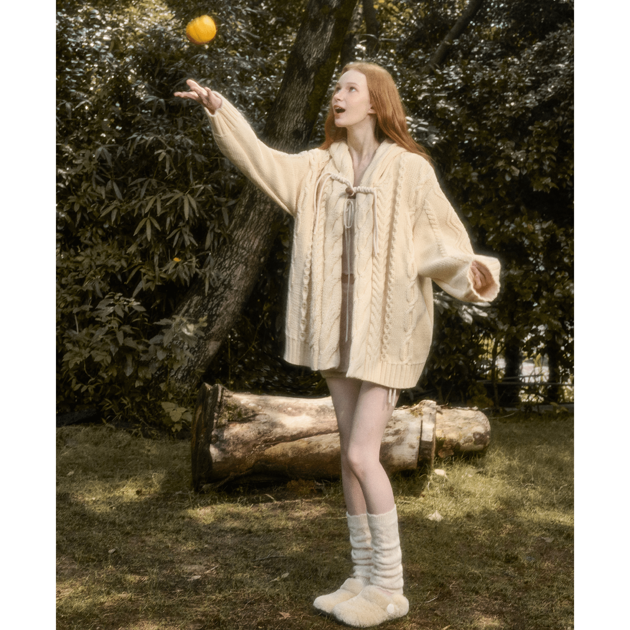 Group of Universe "Snow - white yarn pom - pom" Wool Knit Cardigan in Beige | MADAX