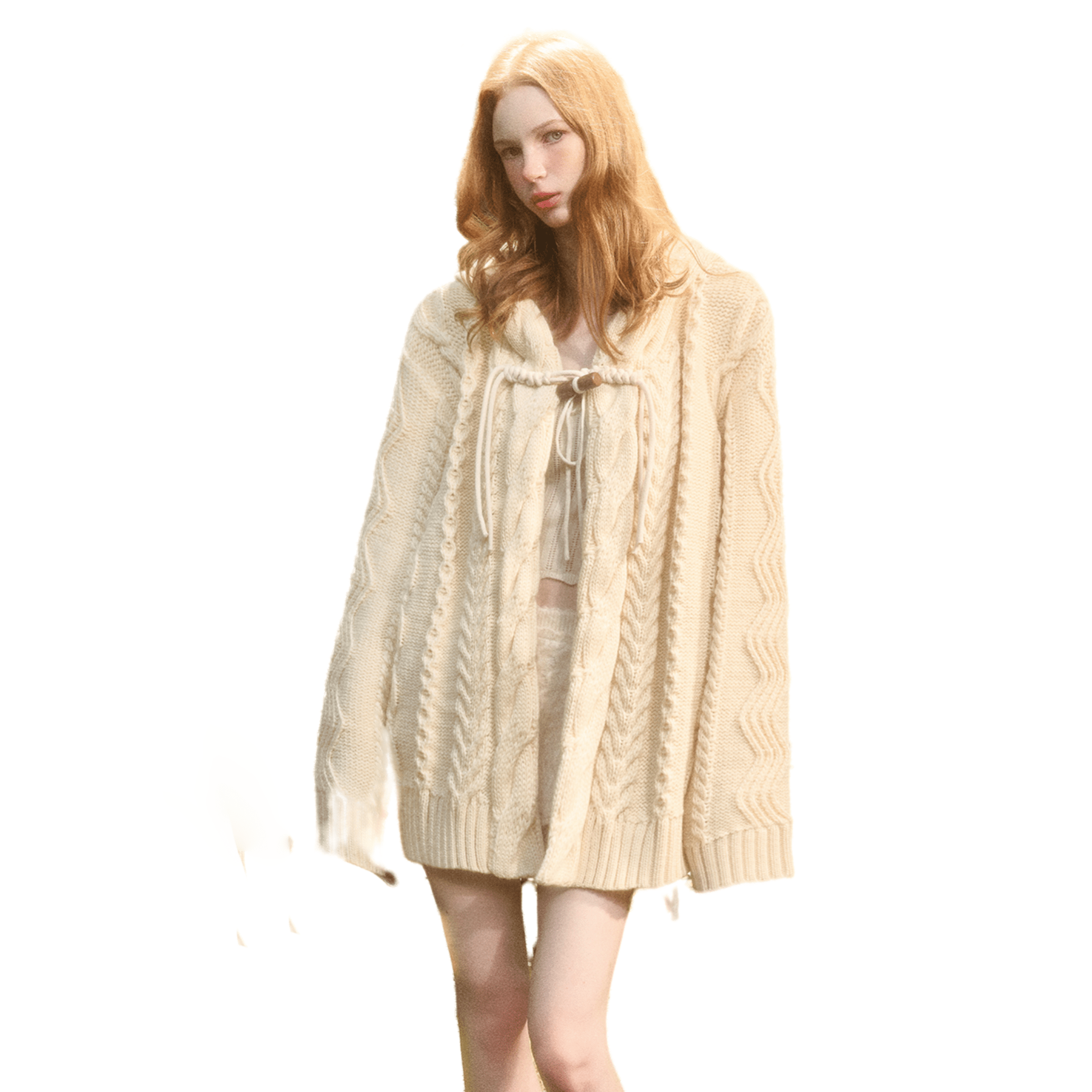 Group of Universe "Snow - white yarn pom - pom" Wool Knit Cardigan in Beige | MADAX