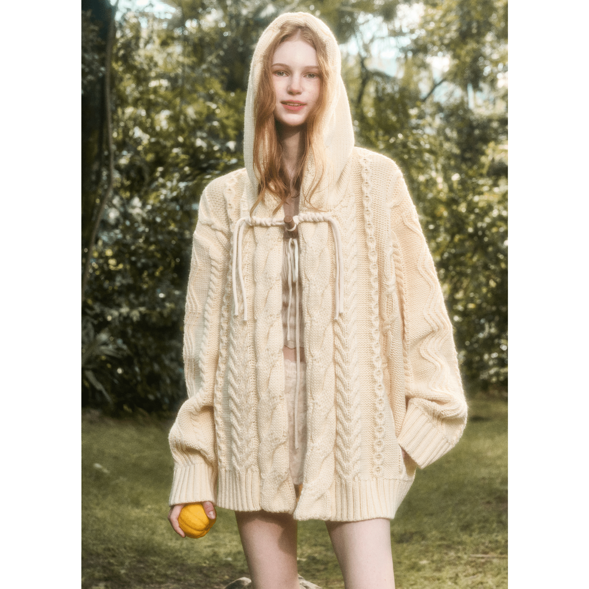 Group of Universe "Snow - white yarn pom - pom" Wool Knit Cardigan in Beige | MADAX
