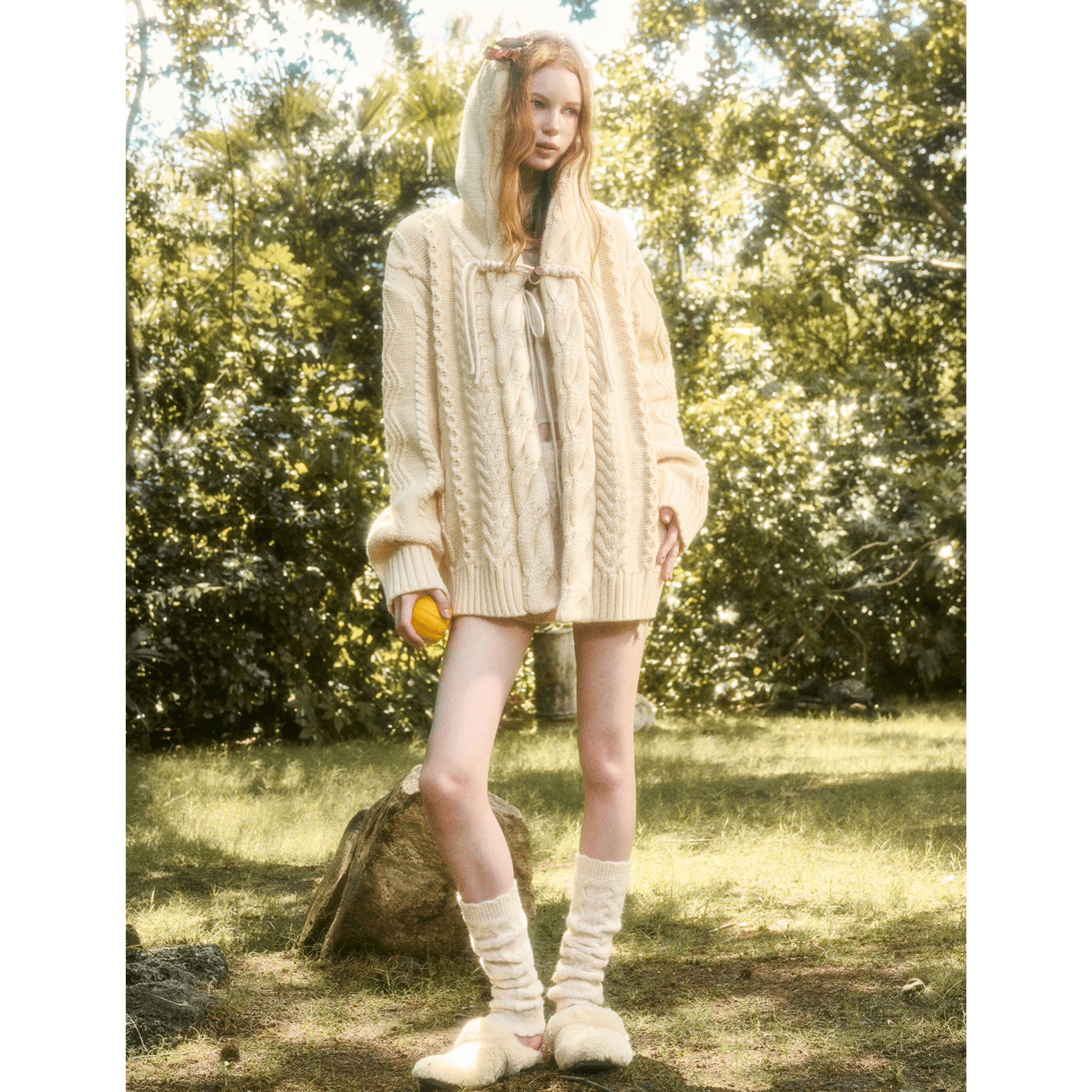Group of Universe "Snow - white yarn pom - pom" Wool Knit Cardigan in Beige | MADAX