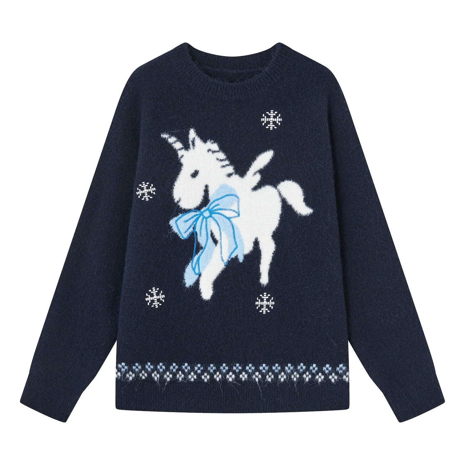 SOMESOWE Snowflake Pony Soft Crew Neck Sweater In Navy Blue | MADAX