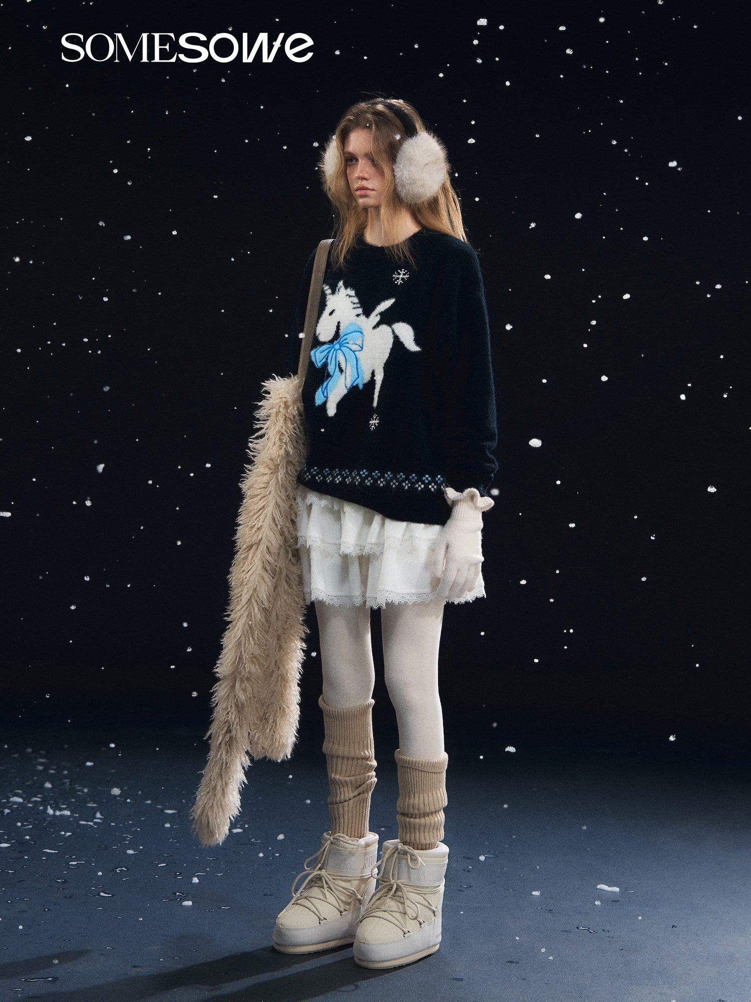 SOMESOWE Snowflake Pony Soft Crew Neck Sweater In Navy Blue | MADAX