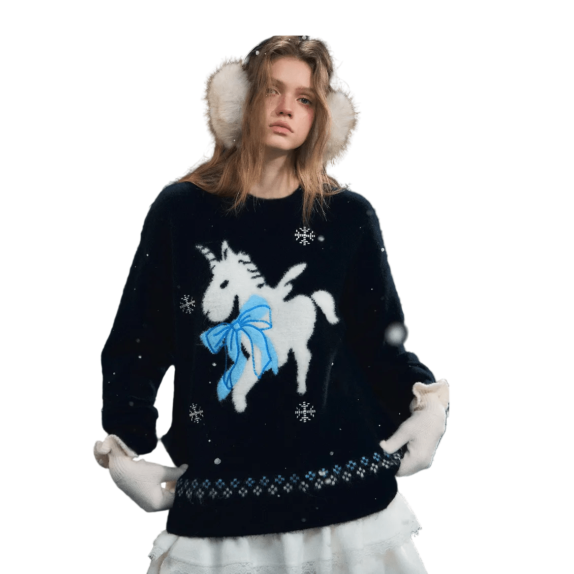SOMESOWE Snowflake Pony Soft Crew Neck Sweater In Navy Blue | MADAX