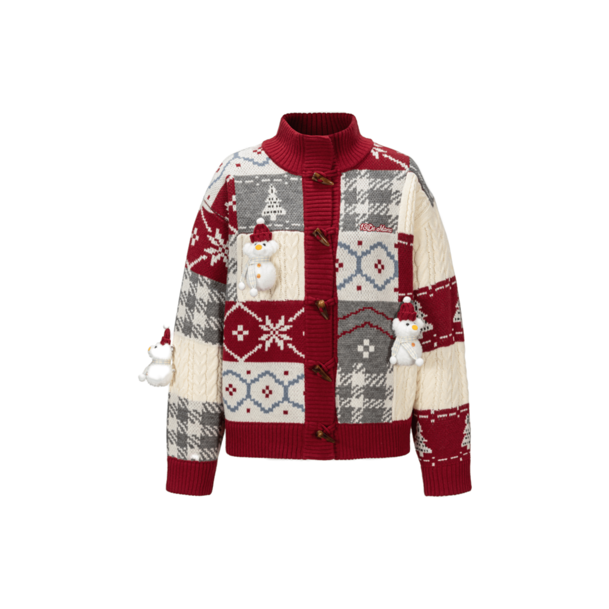 13DE MARZO Snowman Bear Horn Button Knit Cardigan in Red | MADAX
