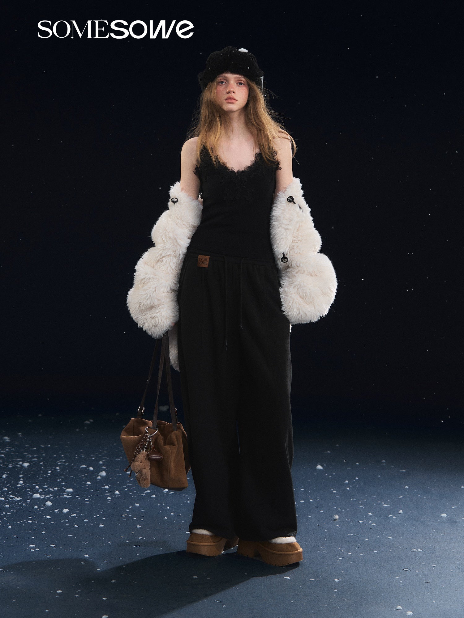 SOMESOWE Soft Velvet Textured Lace Camisole in Black | MADAX