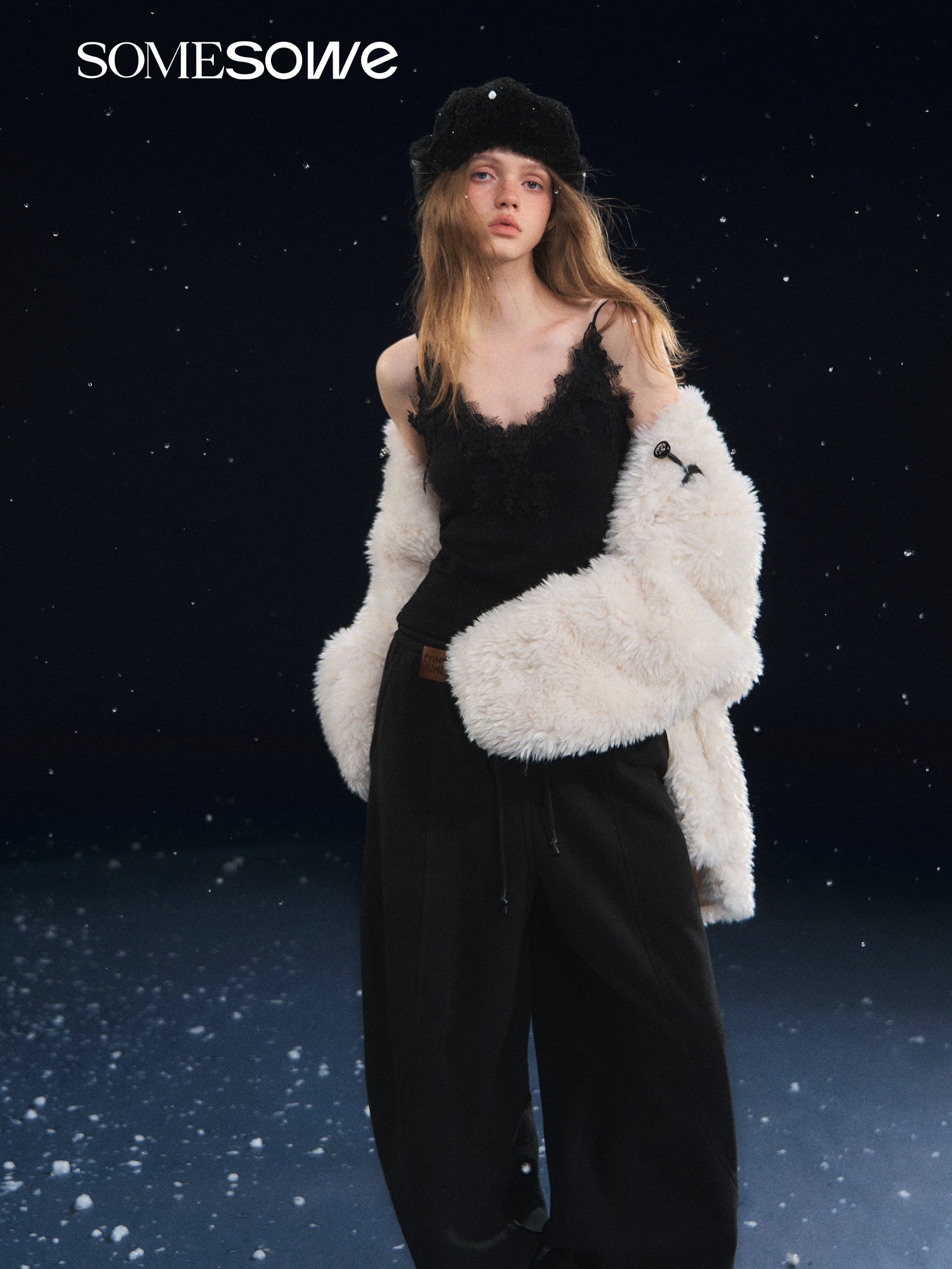 SOMESOWE Soft Velvet Textured Lace Camisole in Black | MADAX