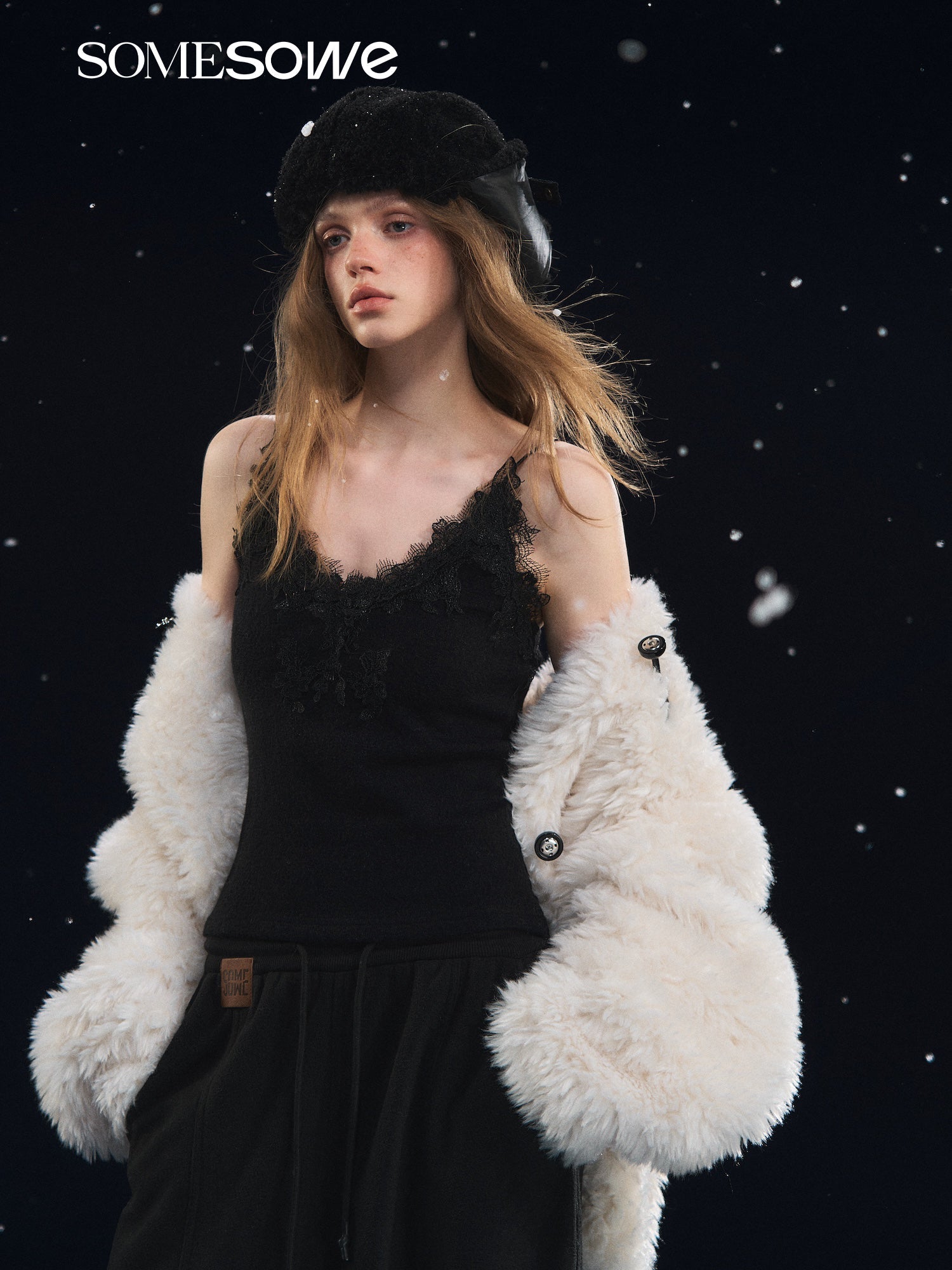 SOMESOWE Soft Velvet Textured Lace Camisole in Black | MADAX