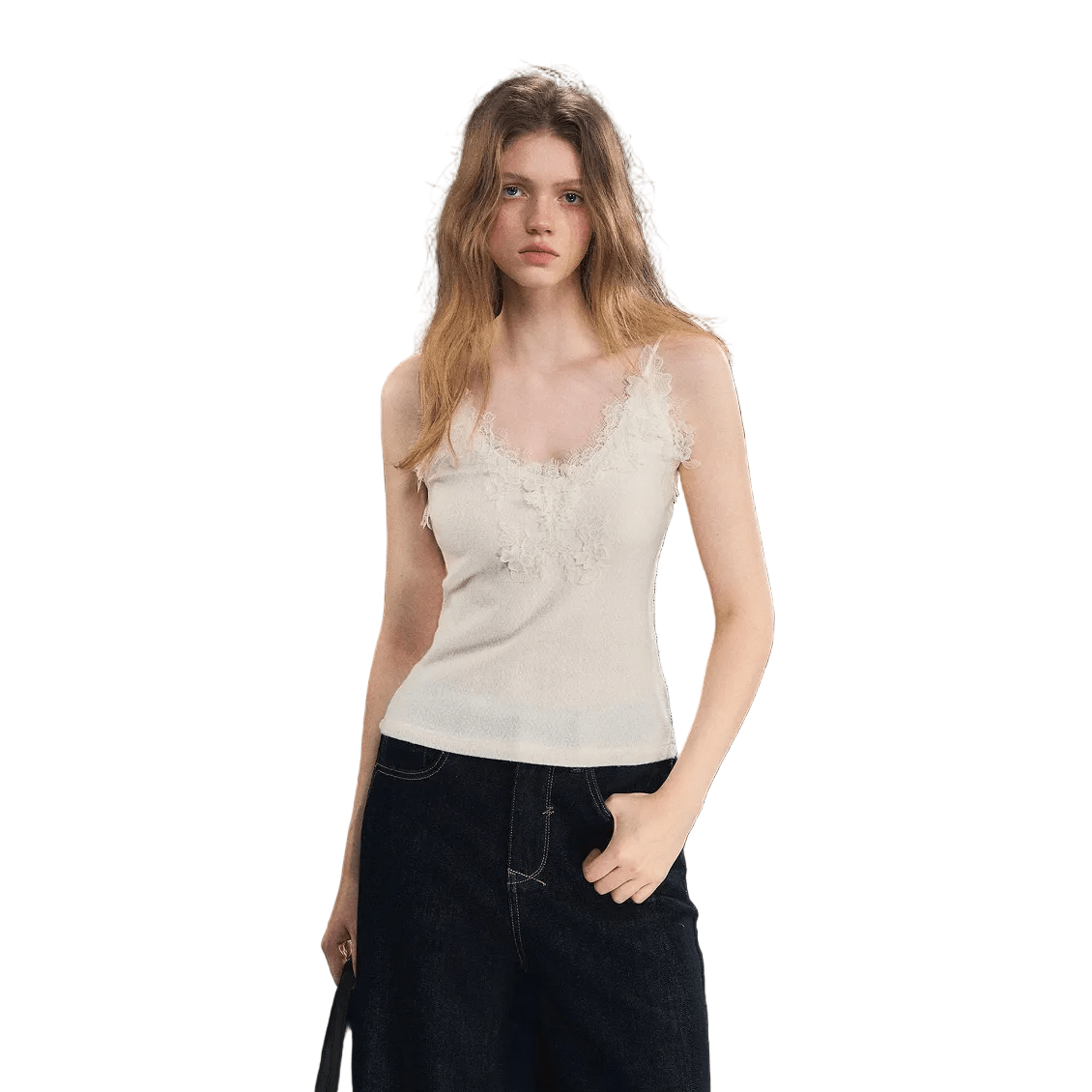 SOMESOWE Soft Velvet Textured Lace Camisole in White | MADAX