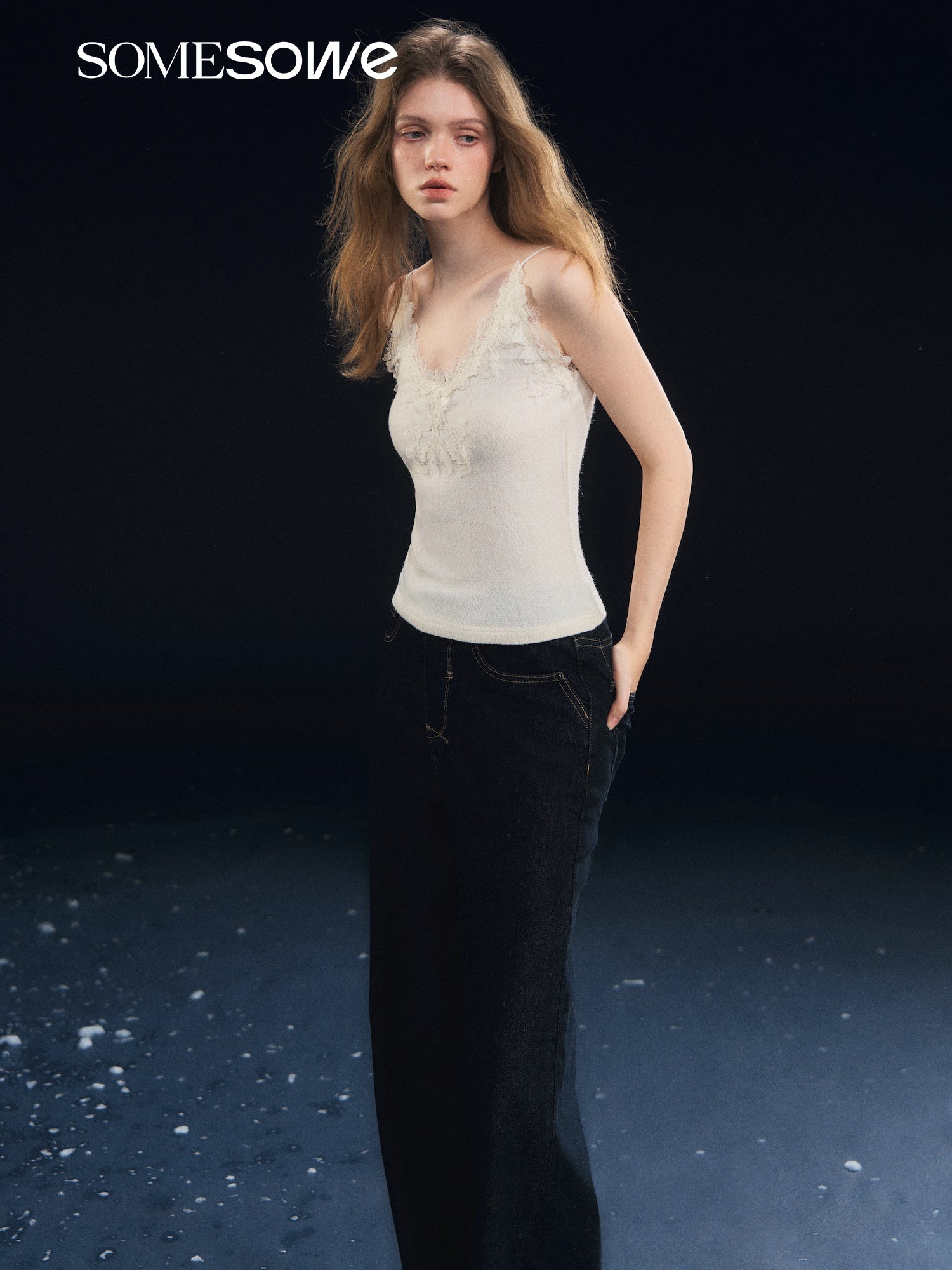 SOMESOWE Soft Velvet Textured Lace Camisole in White | MADAX